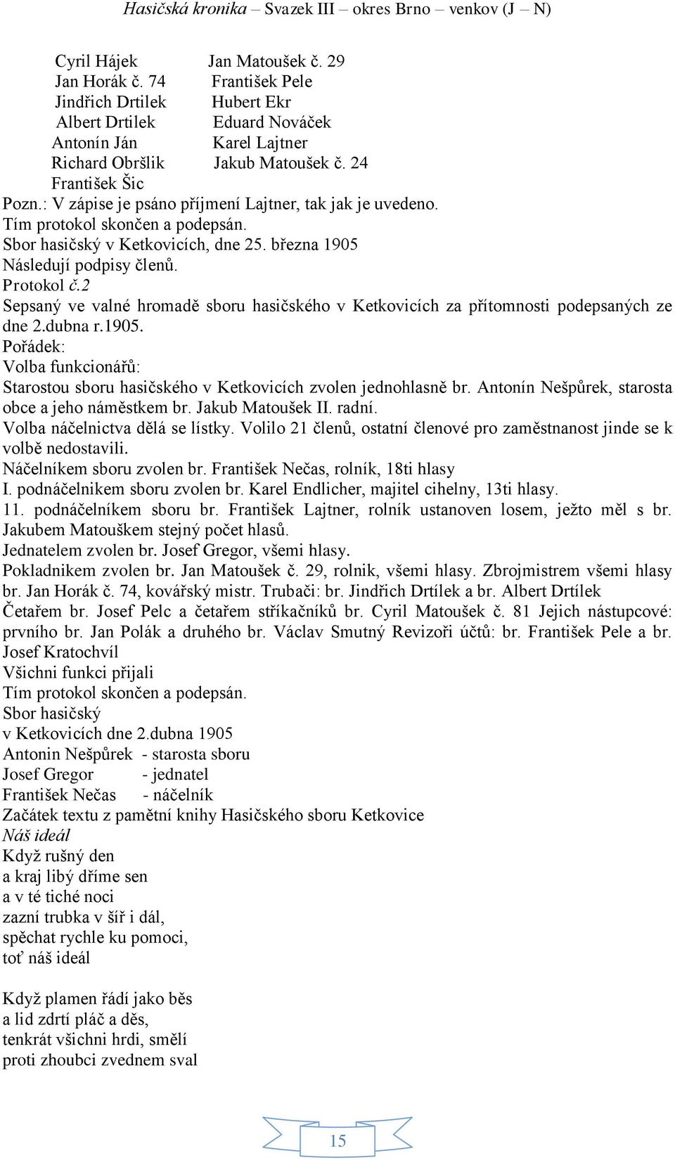 2 Sepsaný ve valné hromadě sboru hasičského v Ketkovicích za přítomnosti podepsaných ze dne 2.dubna r.1905. Pořádek: Volba funkcionářů: Starostou sboru hasičského v Ketkovicích zvolen jednohlasně br.