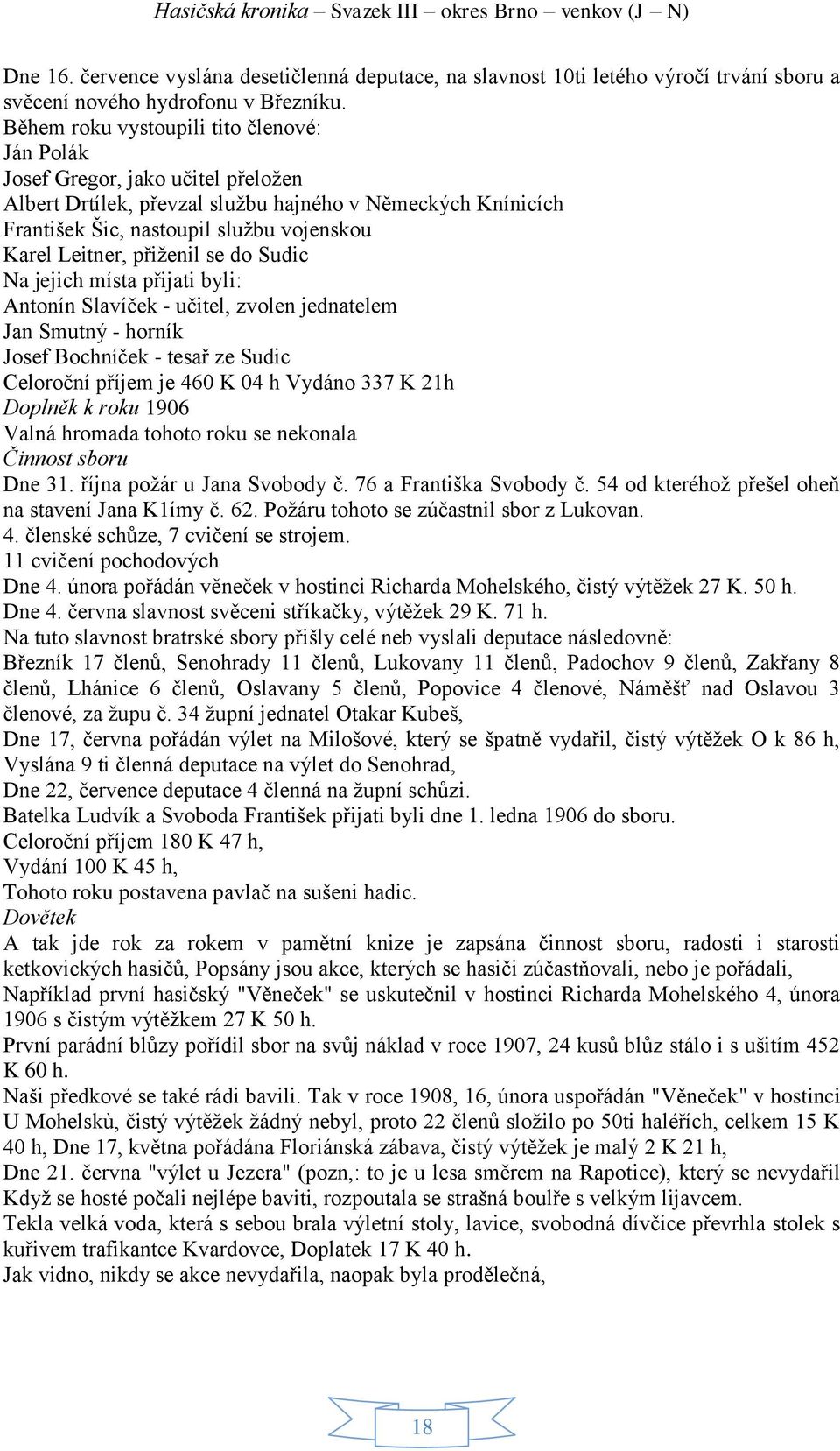 přiženil se do Sudic Na jejich místa přijati byli: Antonín Slavíček - učitel, zvolen jednatelem Jan Smutný - horník Josef Bochníček - tesař ze Sudic Celoroční příjem je 460 K 04 h Vydáno 337 K 21h