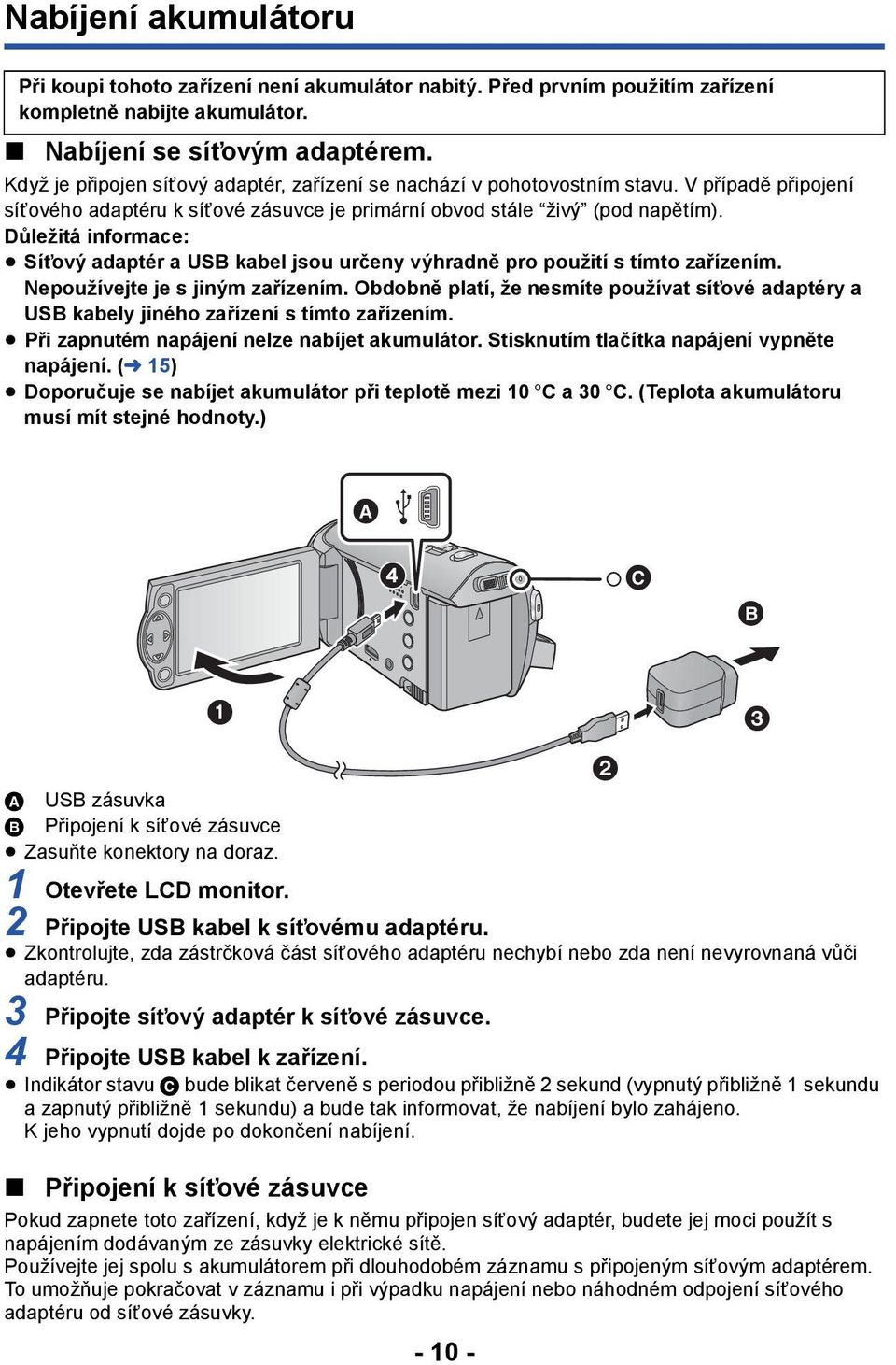 Důležitá informace: Síťový adaptér a USB kabel jsou určeny výhradně pro použití s tímto zařízením. Nepoužívejte je s jiným zařízením.