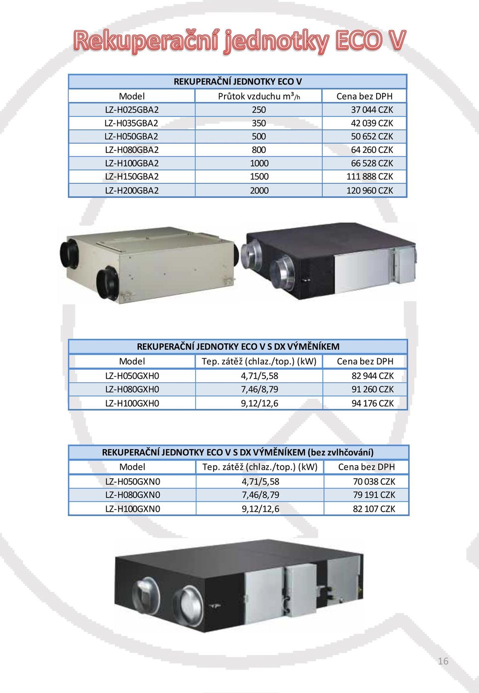 /top.) (kw) Cena bez DPH LZ-H050GXH0 4,71/5,58 82 944 CZK LZ-H080GXH0 7,46/8,79 91 260 CZK LZ-H100GXH0 9,12/12,6 94 176 CZK REKUPERAČNÍ JEDNOTKY ECO V S DX