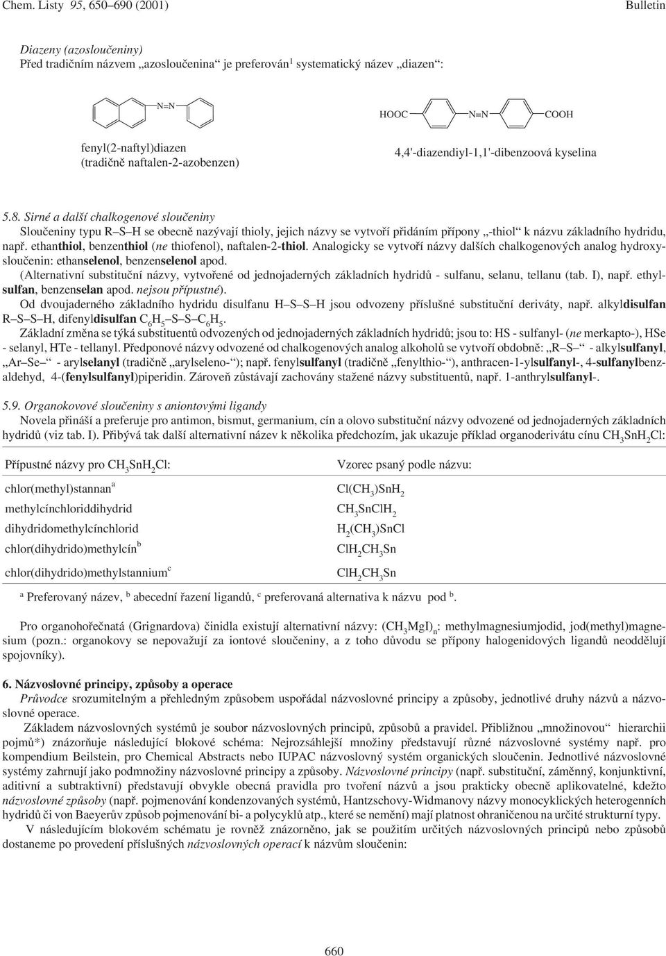 Sirné a další chalkogenové sloučeniny Sloučeniny typu R S se obecně nazývají thioly, jejich názvy se vytvoří přidáním přípony -thiol k názvu základního hydridu, např.