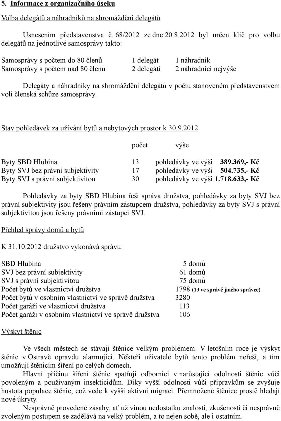 2012 byl určen klíč pro volbu delegátů na jednotlivé samosprávy takto: Samosprávy s počtem do 80 členů 1 delegát 1 náhradník Samosprávy s počtem nad 80 členů 2 delegáti 2 náhradníci nejvýše Delegáty