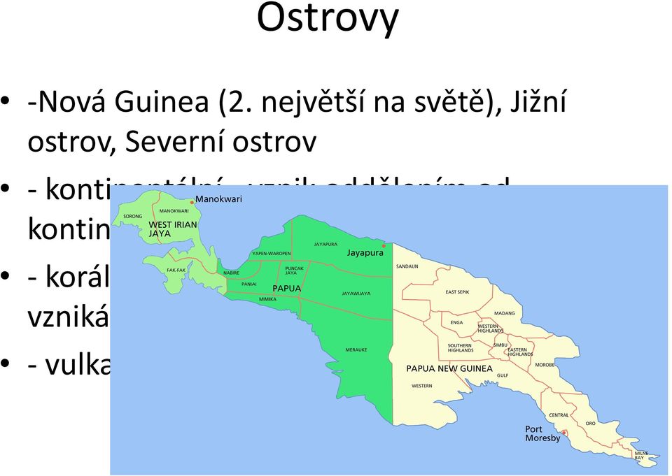 vznik oddělením od kontinentu (Nová Guinea, Nová Kaledonie) -