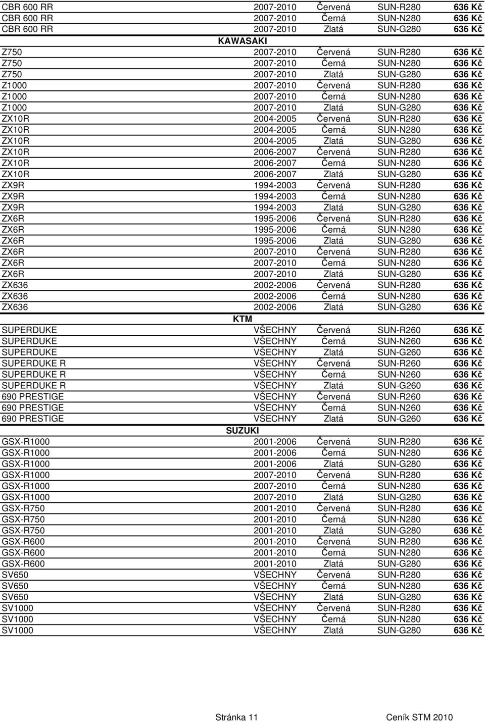 SUN-R280 636 Kč ZX10R 2004-2005 Černá SUN-N280 636 Kč ZX10R 2004-2005 Zlatá SUN-G280 636 Kč ZX10R 2006-2007 Červená SUN-R280 636 Kč ZX10R 2006-2007 Černá SUN-N280 636 Kč ZX10R 2006-2007 Zlatá