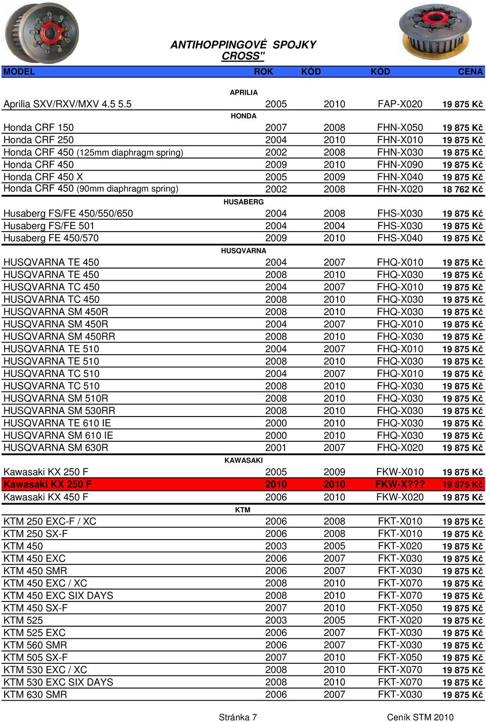 CRF 450 2009 2010 FHN-X090 19 875 Kč Honda CRF 450 X 2005 2009 FHN-X040 19 875 Kč Honda CRF 450 (90mm diaphragm spring) 2002 2008 FHN-X020 18 762 Kč HUSABERG Husaberg FS/FE 450/550/650 2004 2008