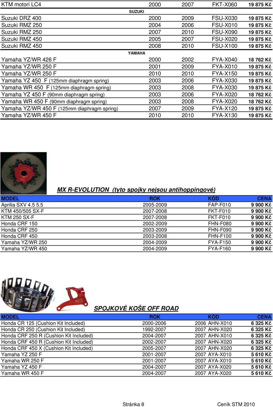 2010 FYA-X150 19 875 Kč Yamaha YZ 450 F (125mm diaphragm spring) 2003 2006 FYA-X030 19 875 Kč Yamaha WR 450 F (125mm diaphragm spring) 2003 2008 FYA-X030 19 875 Kč Yamaha YZ 450 F (90mm diaphragm