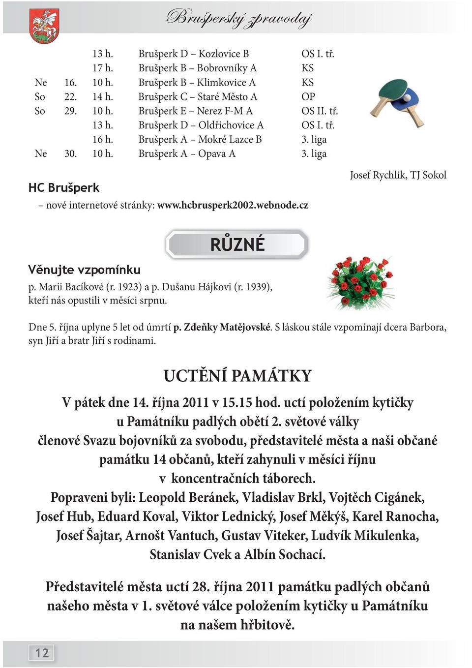 cz Josef Rychlík, TJ Sokol Věnujte vzpomínku RŮZNÉ p. Marii Bacíkové (r. 1923) a p. Dušanu Hájkovi (r. 1939), kteří nás opustili v měsíci srpnu. Dne 5. října uplyne 5 let od úmrtí p.