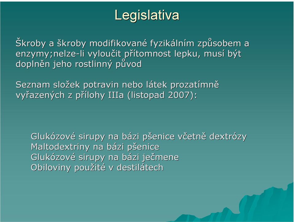 vyřazených z přílohy p IIIa (listopad 2007): Glukózov zové sirupy na bázi b pšenice p včetnv etně dextrózy