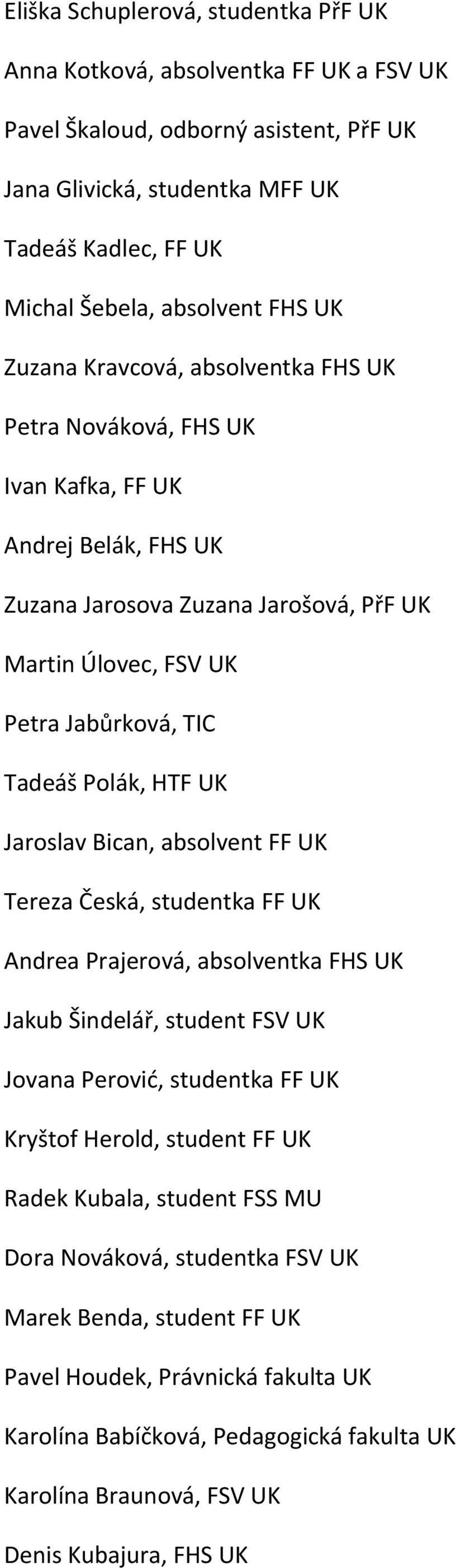 HTF UK Jaroslav Bican, absolvent FF UK Tereza Česká, studentka FF UK Andrea Prajerová, absolventka FHS UK Jakub Šindelář, student FSV UK Jovana Perović, studentka FF UK Kryštof Herold, student FF UK