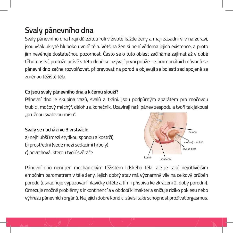 Často se o tuto oblast začínáme zajímat až v době těhotenství, protože právě v této době se ozývají první potíže - z hormonálních důvodů se pánevní dno začne rozvolňovat, připravovat na porod a
