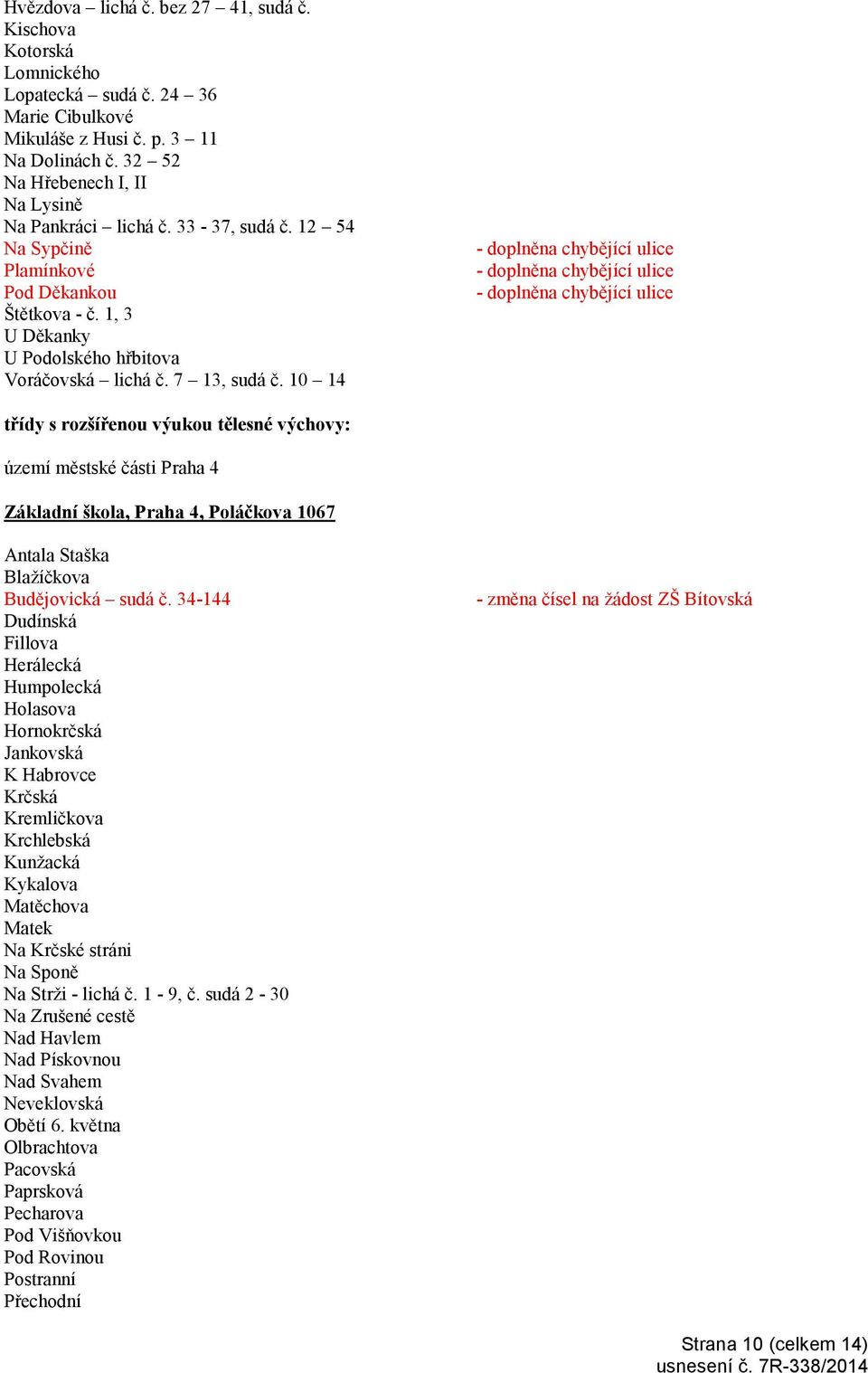 10 14 třídy s rozšířenou výukou tělesné výchovy: Základní škola, Praha 4, Poláčkova 1067 Antala Staška Blažíčkova Budějovická sudá č.