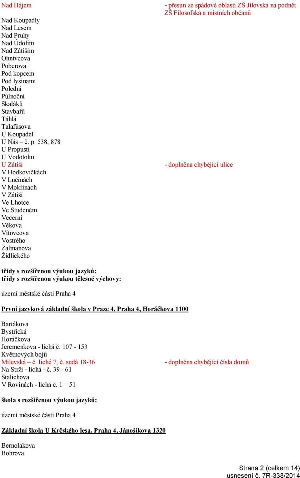 Jílovská na podnět ZŠ Filosofská a místních občanů třídy s rozšířenou výukou jazyků: třídy s rozšířenou výukou tělesné výchovy: První jazyková základní škola v Praze 4, Praha 4, Horáčkova 1100
