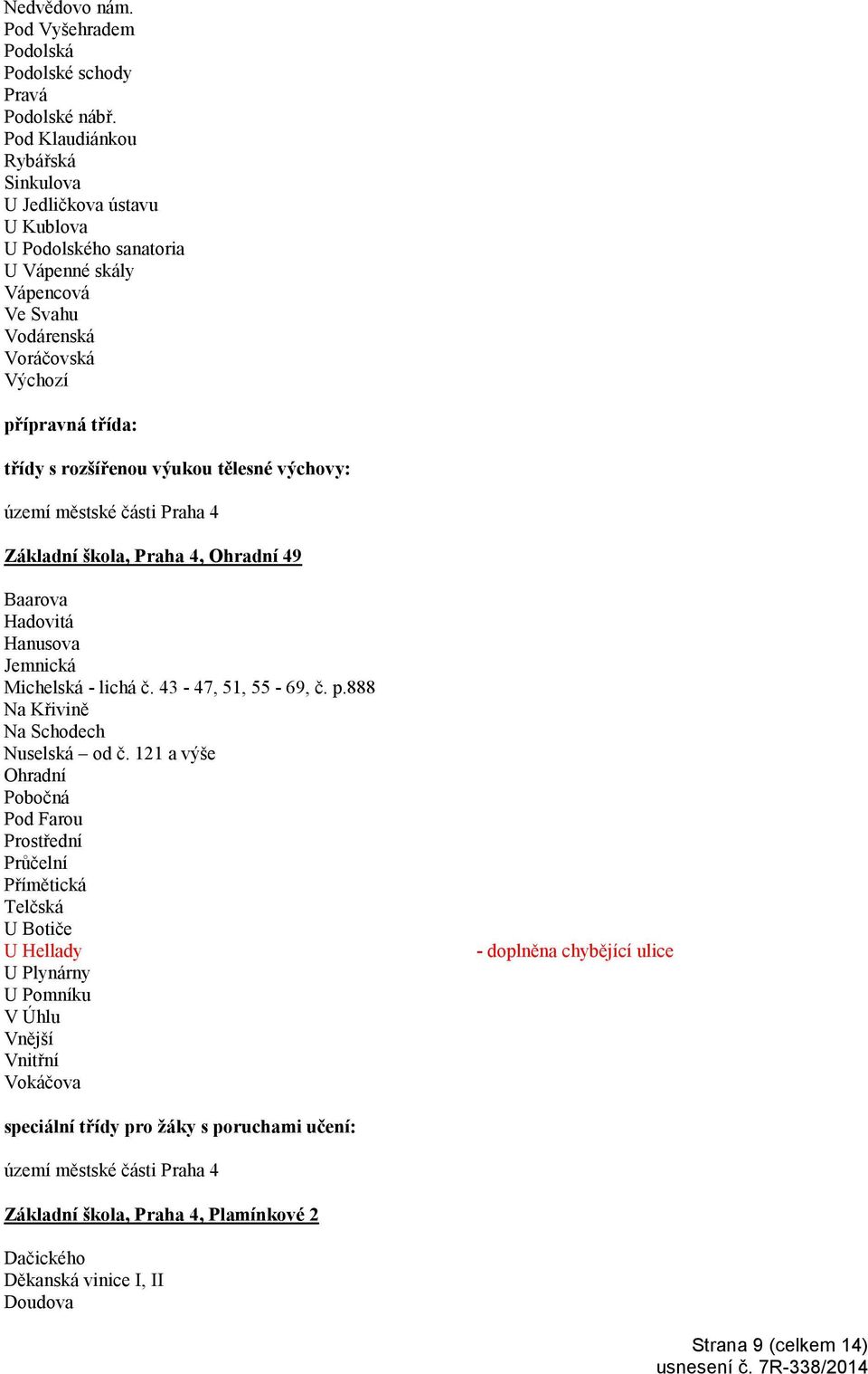 rozšířenou výukou tělesné výchovy: Základní škola, Praha 4, Ohradní 49 Baarova Hadovitá Hanusova Jemnická Michelská - lichá č. 43-47, 51, 55-69, č. p.