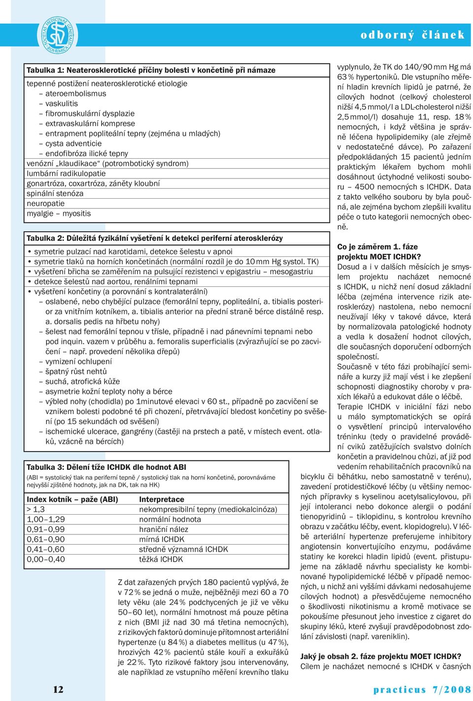 coxartróza, záněty kloubní spinální stenóza neuropatie myalgie myositis Tabulka 2: Důležitá fyzikální vyšetření k detekci periferní aterosklerózy symetrie pulzací nad karotidami, detekce šelestu v