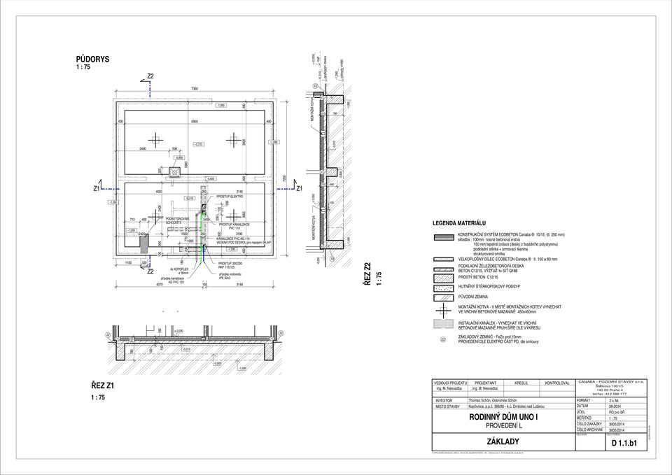 3000 400 3000 400 PROSTUP KANALIZACE PVC 1 700 Z1 ± 0,000 MONTÁŽNÍ KOTVA MONTÁŽNÍ KOTVA -0,50 3 3 780-0,3-0,800 490 0 ZZ ŘEZ Z LEGENDA MATERIÁLU KONSTRUKČNÍ SYSTÉM ECOBETON Canaba /15 (tl.