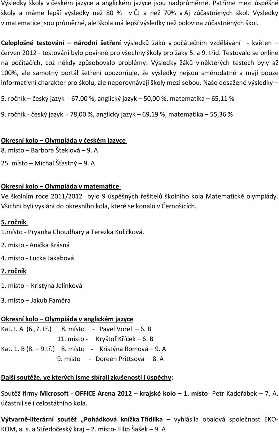 Celoplošné testování národní šetření výsledků žáků v počátečním vzdělávání - květen červen 2012 - testování bylo povinné pro všechny školy pro žáky 5. a 9. tříd.