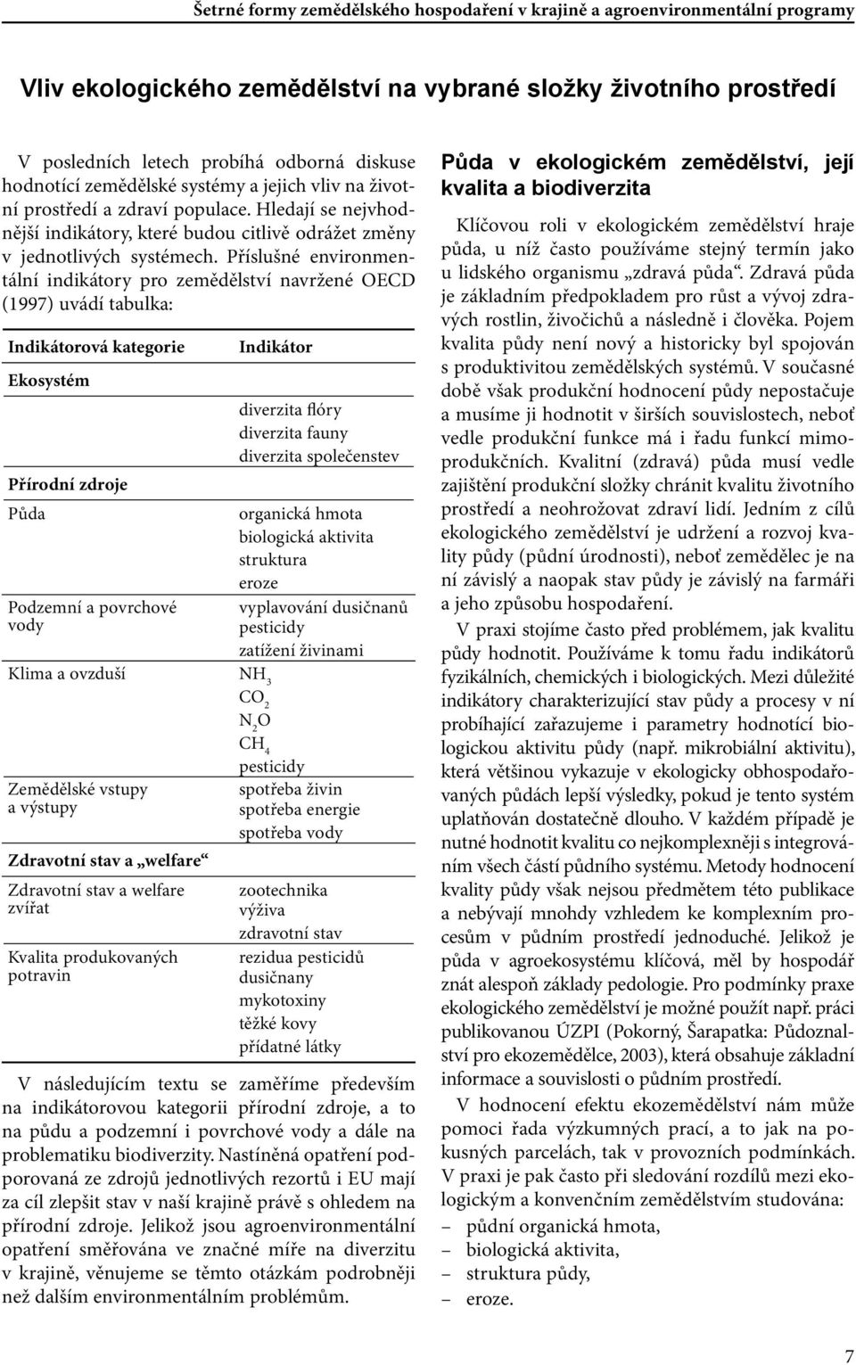 Příslušné environmentální indikátory pro zemědělství navržené OECD (1997) uvádí tabulka: Indikátorová kategorie Ekosystém Přírodní zdroje Půda Podzemní a povrchové vody Indikátor Klima a ovzduší NH 3