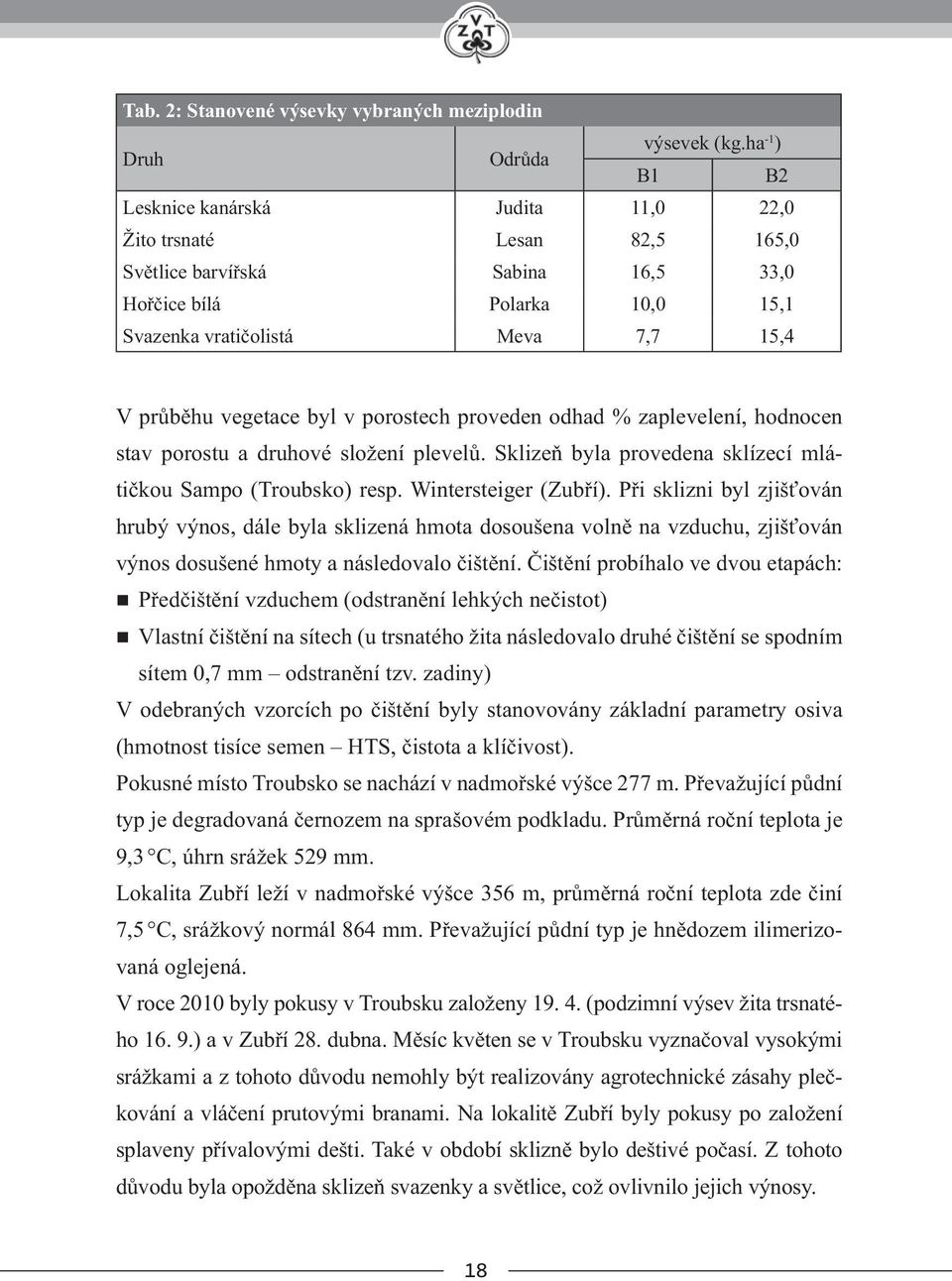 vegetace byl v porostech proveden odhad % zaplevelení, hodnocen stav porostu a druhové složení plevelů. Sklizeň byla provedena sklízecí mlátičkou Sampo (Troubsko) resp. Wintersteiger (Zubří).