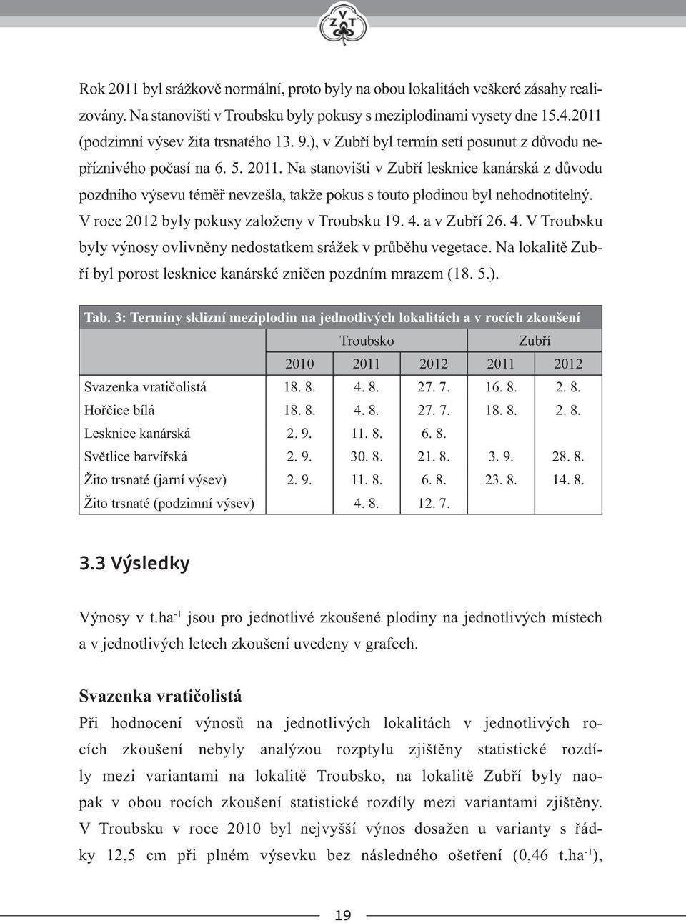 Na stanovišti v Zubří lesknice kanárská z důvodu pozdního výsevu téměř nevzešla, takže pokus s touto plodinou byl nehodnotitelný. V roce 2012 byly pokusy založeny v Troubsku 19. 4.