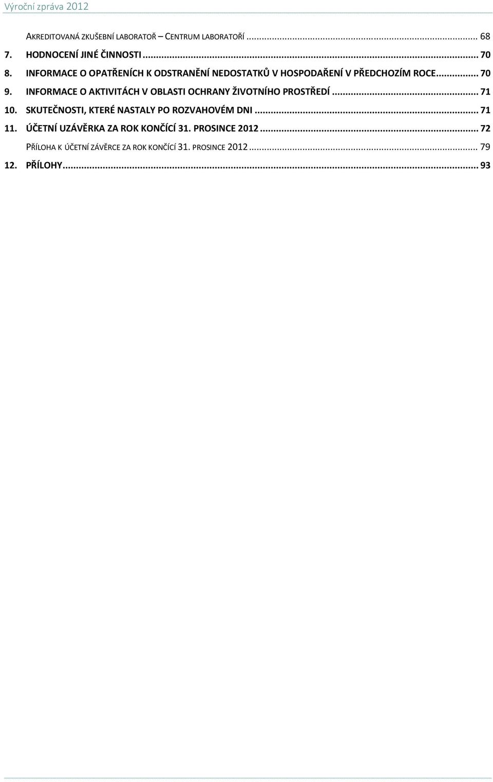 INFORMACE O AKTIVITÁCH V OBLASTI OCHRANY ŽIVOTNÍHO PROSTŘEDÍ... 71 10. SKUTEČNOSTI, KTERÉ NASTALY PO ROZVAHOVÉM DNI.