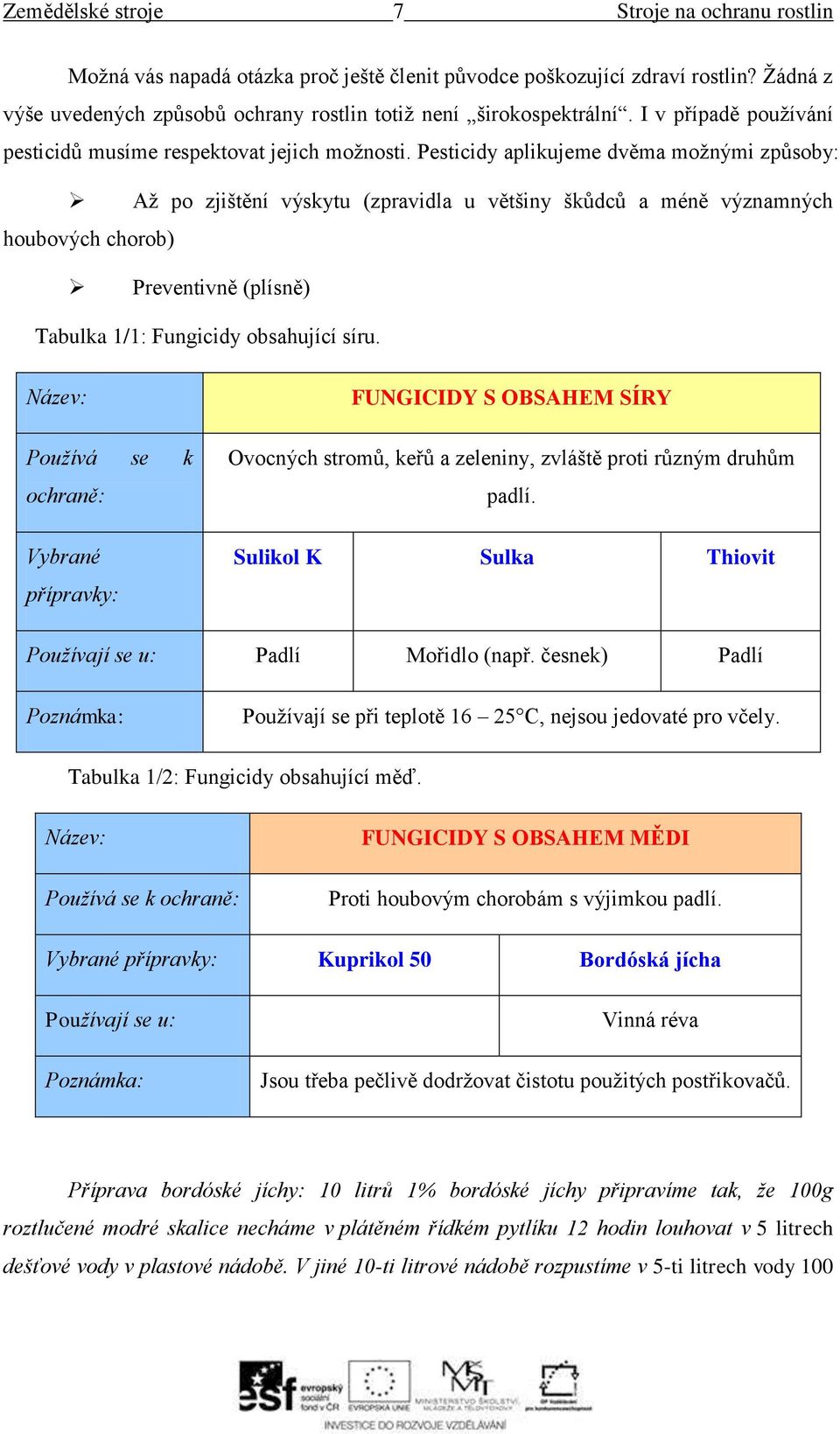 Pesticidy aplikujeme dvěma možnými způsoby: Až po zjištění výskytu (zpravidla u většiny škůdců a méně významných houbových chorob) Preventivně (plísně) Tabulka 1/1: Fungicidy obsahující síru.