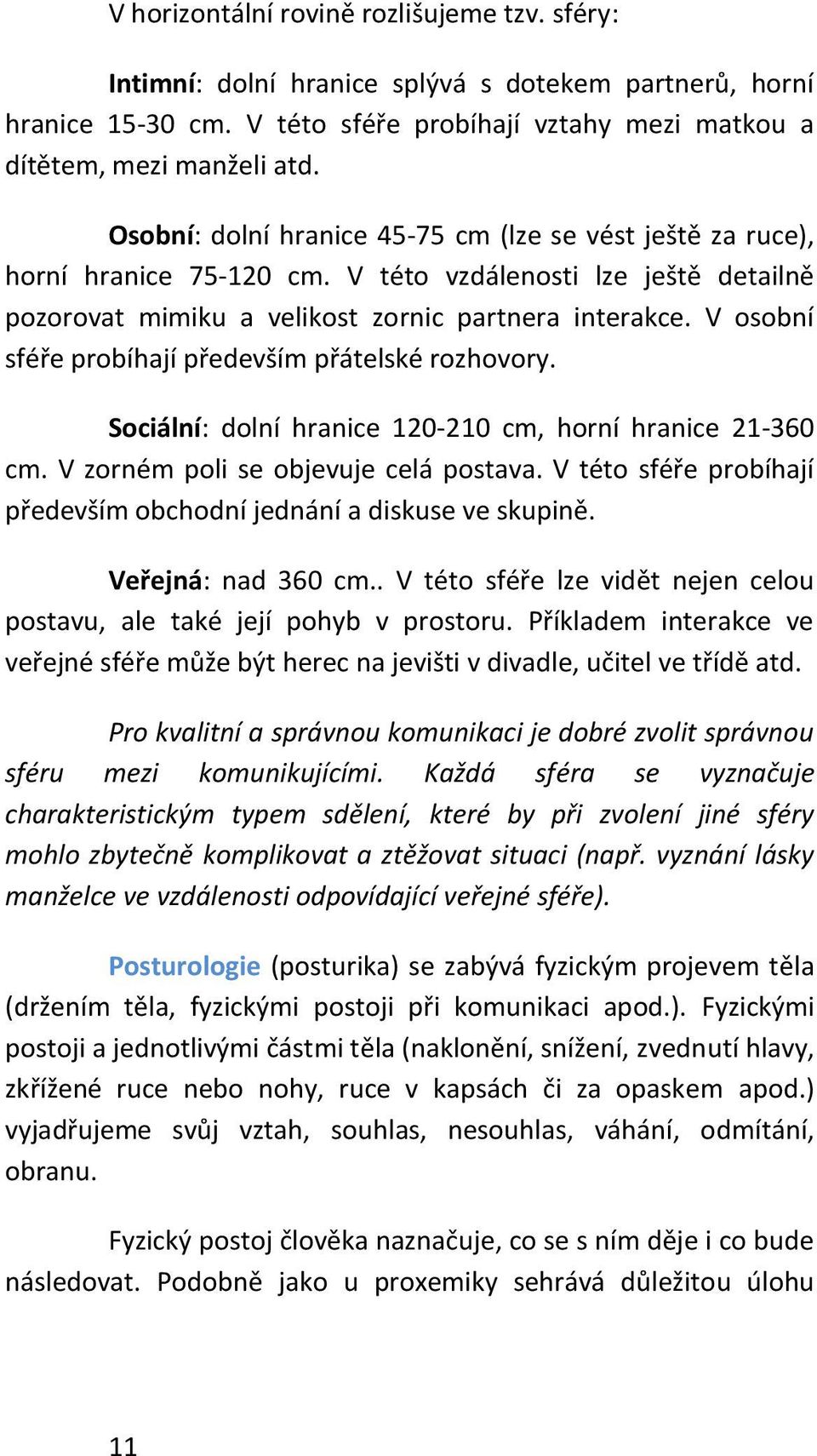 V osobní sféře probíhají především přátelské rozhovory. Sociální: dolní hranice 120-210 cm, horní hranice 21-360 cm. V zorném poli se objevuje celá postava.