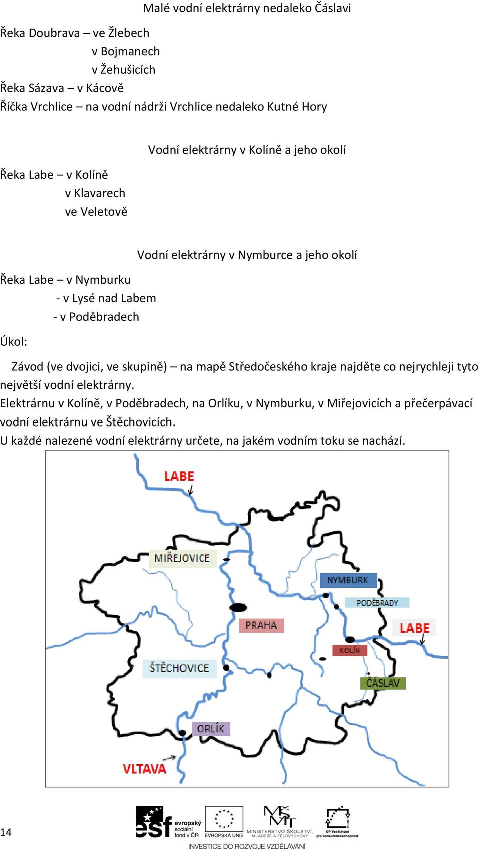 Nymburce a jeho okolí Závod (ve dvojici, ve skupině) na mapě Středočeského kraje najděte co nejrychleji tyto největší vodní elektrárny.