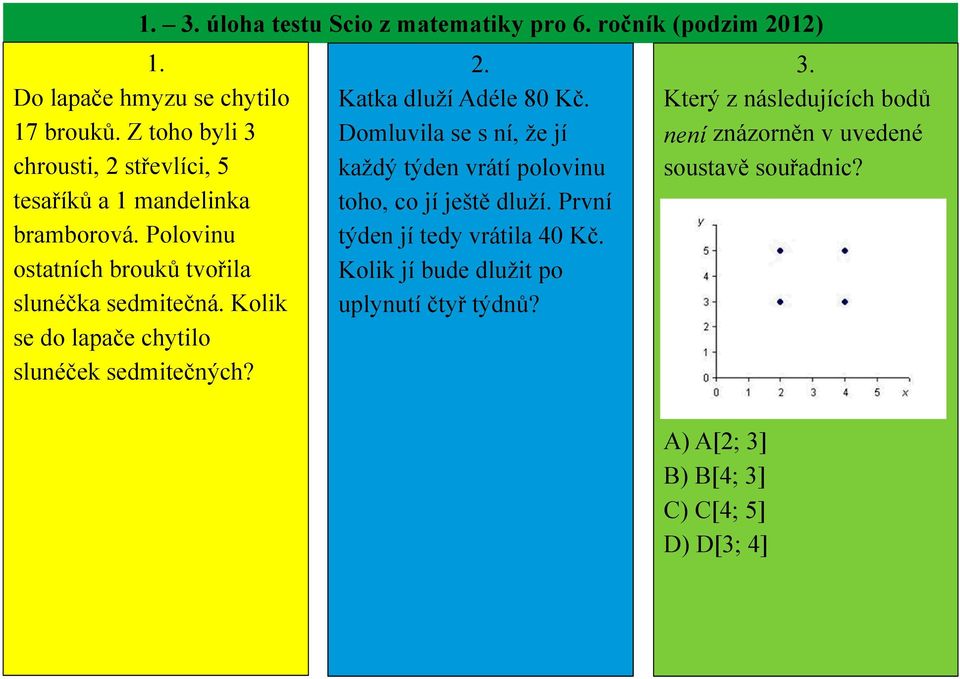 Kolik se do lapače chytilo slunéček sedmitečných? 2. Katka dluží Adéle 80 Kč.