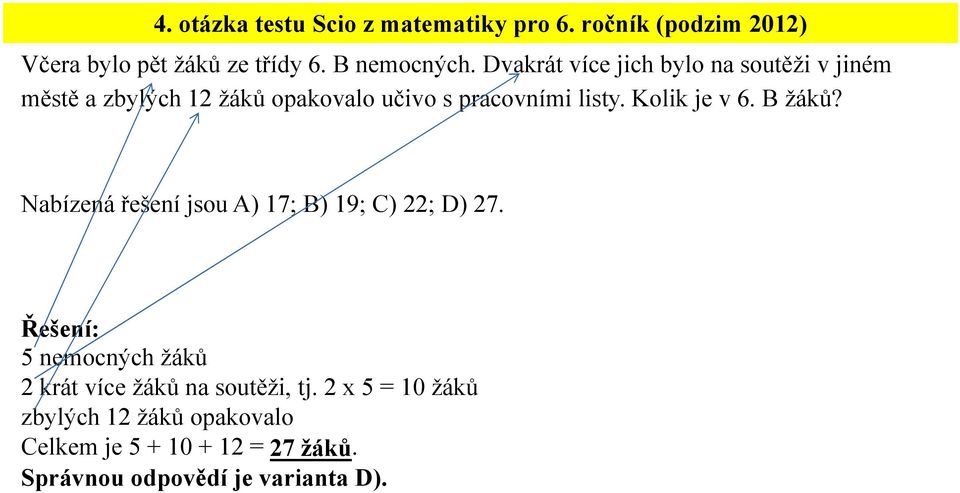 Kolik je v 6. B žáků? Nabízená řešení jsou A) 17; B) 19; C) 22; D) 27.