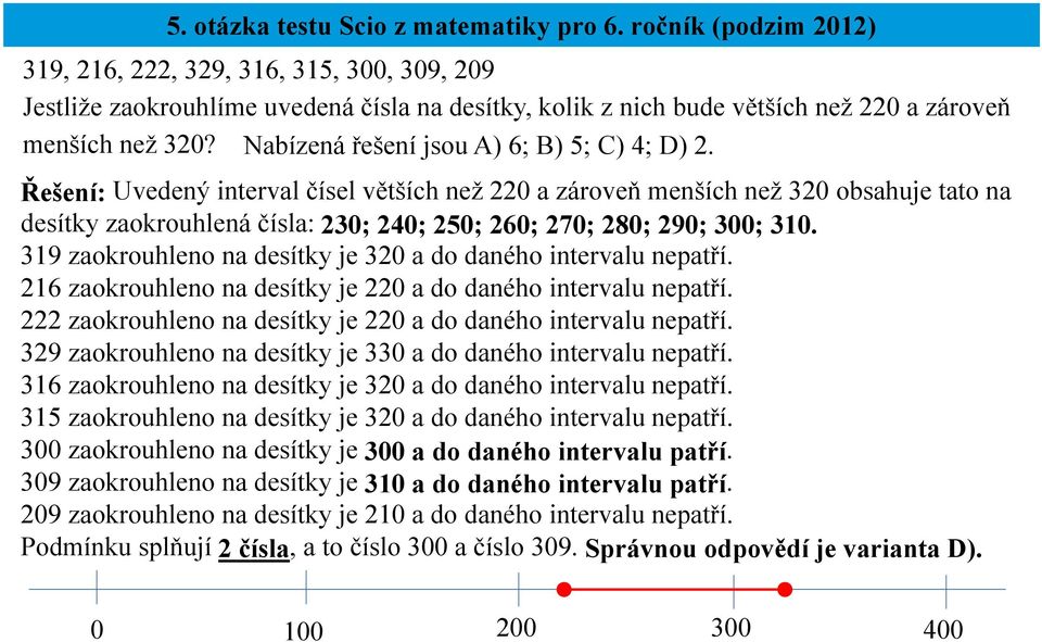 Nabízená řešení jsou A) 6; B) 5; C) 4; D) 2. Uvedený interval čísel větších než 220 a zároveň menších než 320 obsahuje tato na desítky zaokrouhlená čísla: 230; 240; 250; 260; 270; 280; 290; 300; 310.