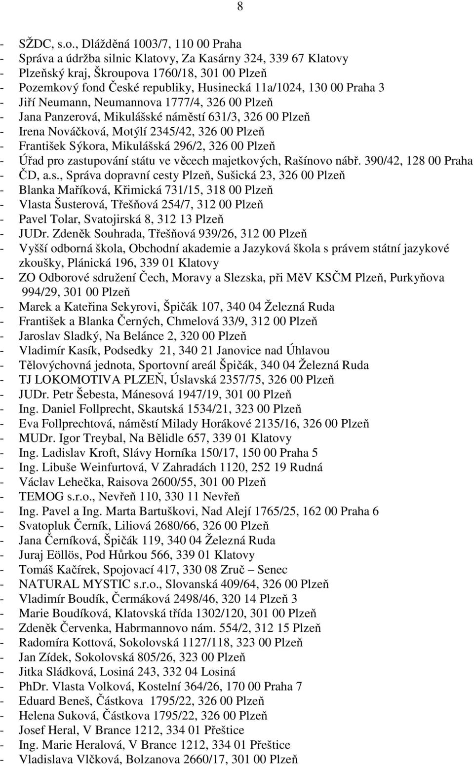 130 00 Praha 3 - Jiří Neumann, Neumannova 1777/4, 326 00 Plzeň - Jana Panzerová, Mikulášské náměstí 631/3, 326 00 Plzeň - Irena Nováčková, Motýlí 2345/42, 326 00 Plzeň - František Sýkora, Mikulášská