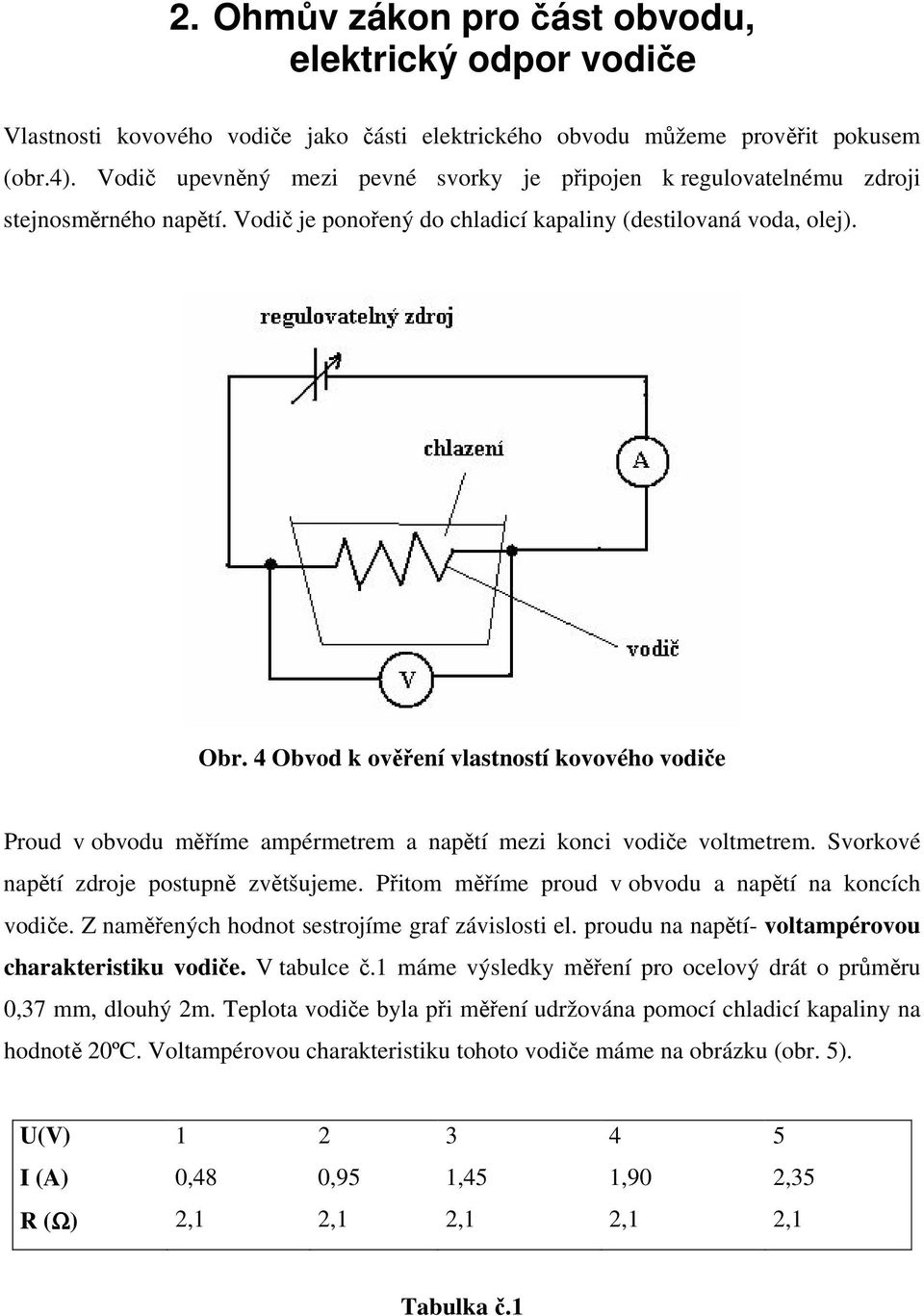 4 Obvod k ověření vlastností kovového vodiče Proud v obvodu měříme ampérmetrem a napětí mezi konci vodiče voltmetrem. Svorkové napětí zdroje postupně zvětšujeme.