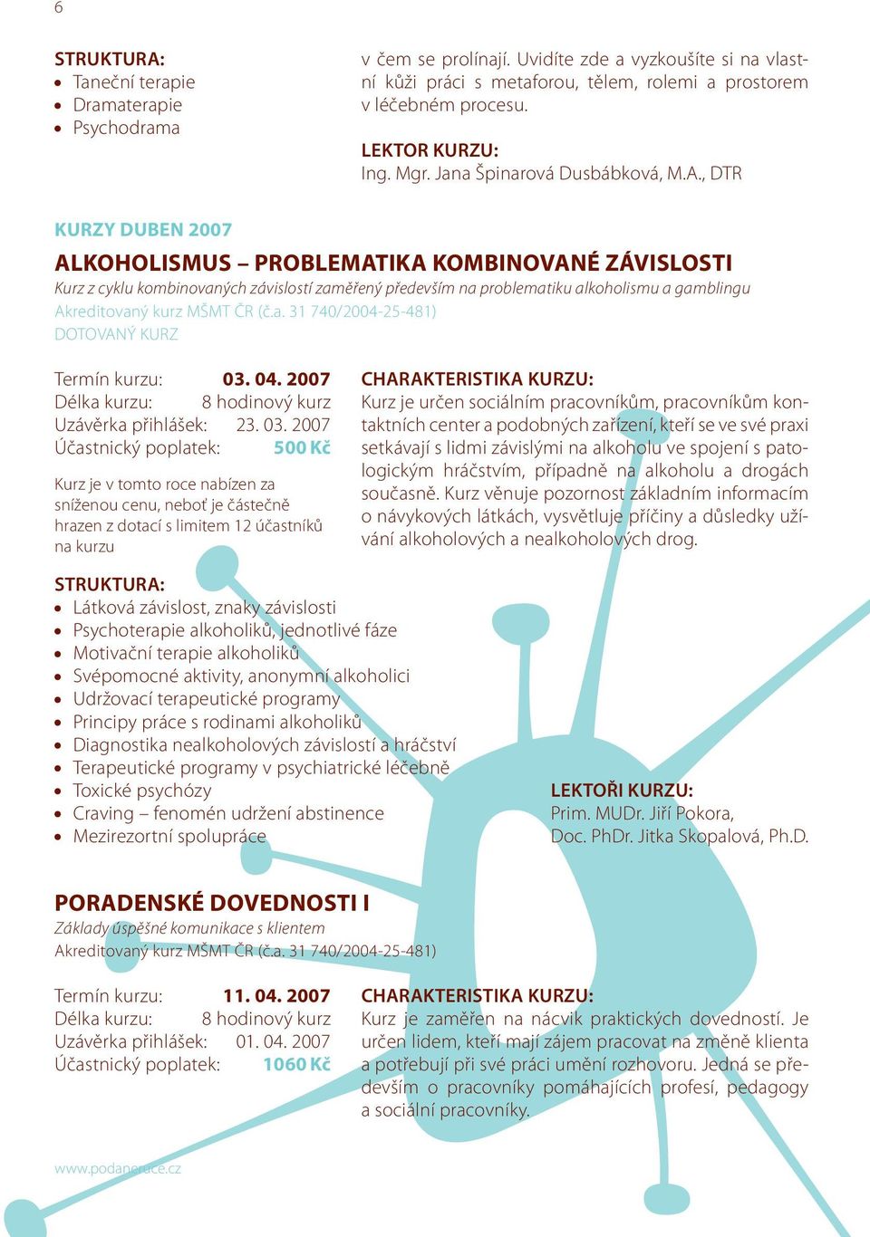 , DTR KURZY DUBEN 2007 ALKOHOLISMUS PROBLEMATIKA KOMBINOVANÉ ZÁVISLOSTI Kurz z cyklu kombinovaných závislostí zaměřený především na problematiku alkoholismu a gamblingu Akreditovaný kurz MŠMT ČR (č.a. 31 740/2004-25-481) DOTOVANÝ KURZ Termín kurzu: 03.
