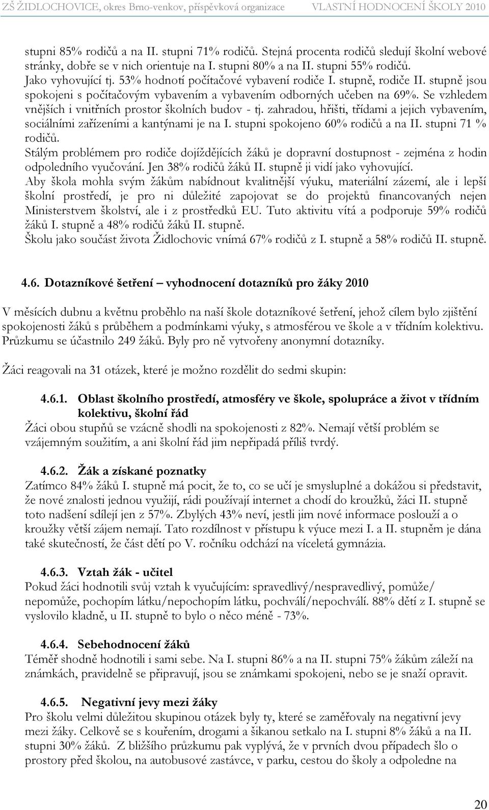 Se vzhledem vnějších i vnitřních prostor školních budov - tj. zahradou, hřišti, třídami a jejich vybavením, sociálními zařízeními a kantýnami je na I. stupni spokojeno 60% rodičů a na II.