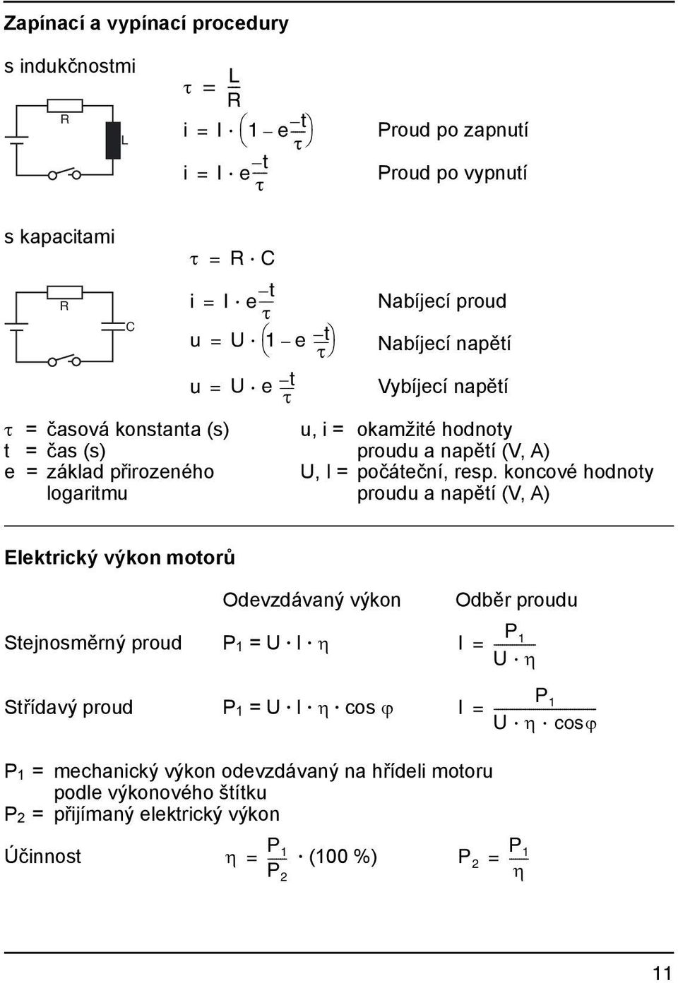 resp. koncové hodnoty logaritmu proudu a napětí (V, A) Elektrický výkon motorů Stejnosměrný proud Střídavý proud Odevzdávaný výkon P 1 = U I η P 1 = U I η cos ϕ Odběr proudu P 1 I =