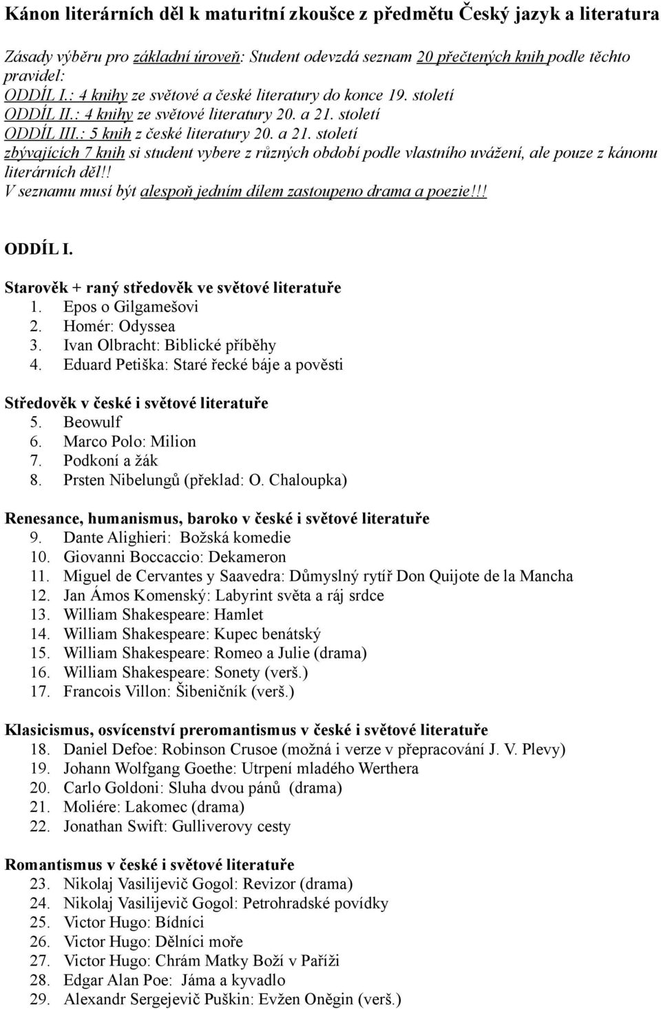 století ODDÍL III.: 5 knih z české literatury 20. a 21. století zbývajících 7 knih si student vybere z různých období podle vlastního uvážení, ale pouze z kánonu literárních děl!