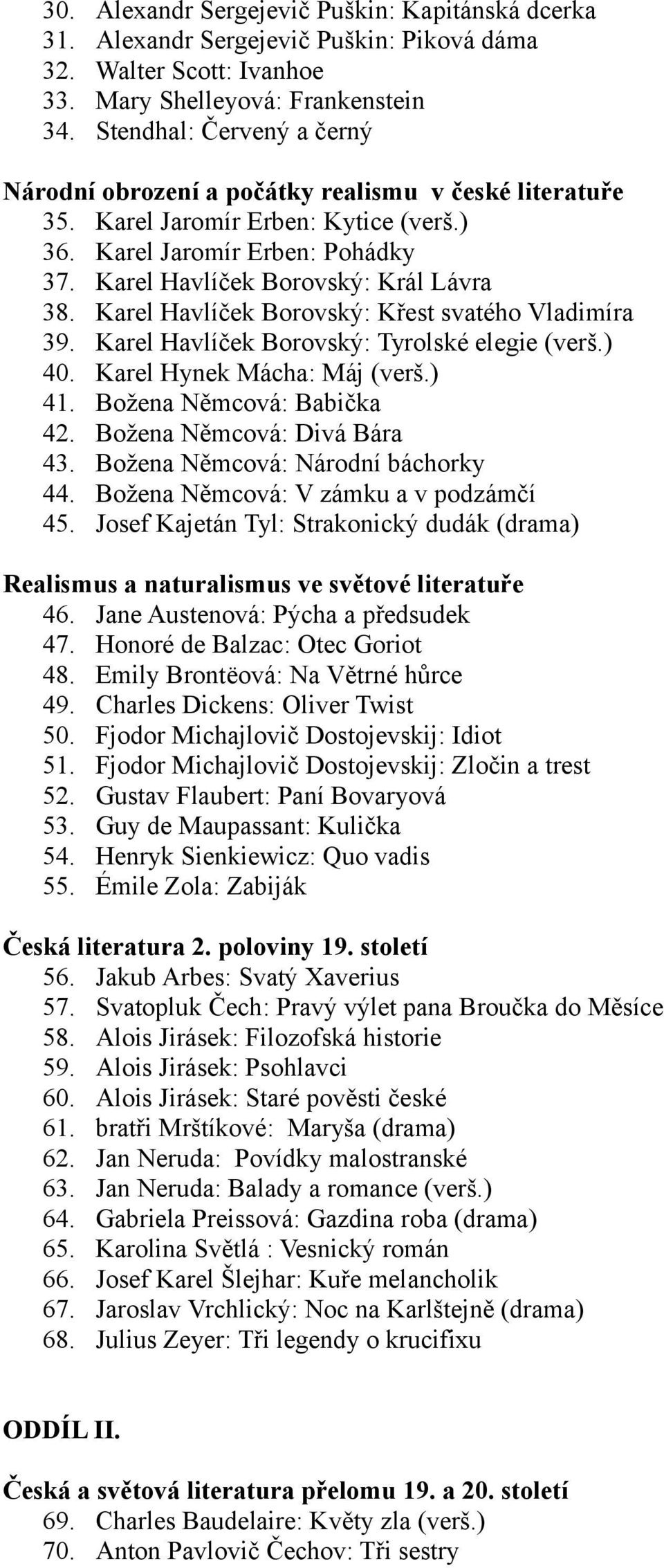 Karel Havlíček Borovský: Křest svatého Vladimíra 39. Karel Havlíček Borovský: Tyrolské elegie (verš.) 40. Karel Hynek Mácha: Máj (verš.) 41. Božena Němcová: Babička 42. Božena Němcová: Divá Bára 43.