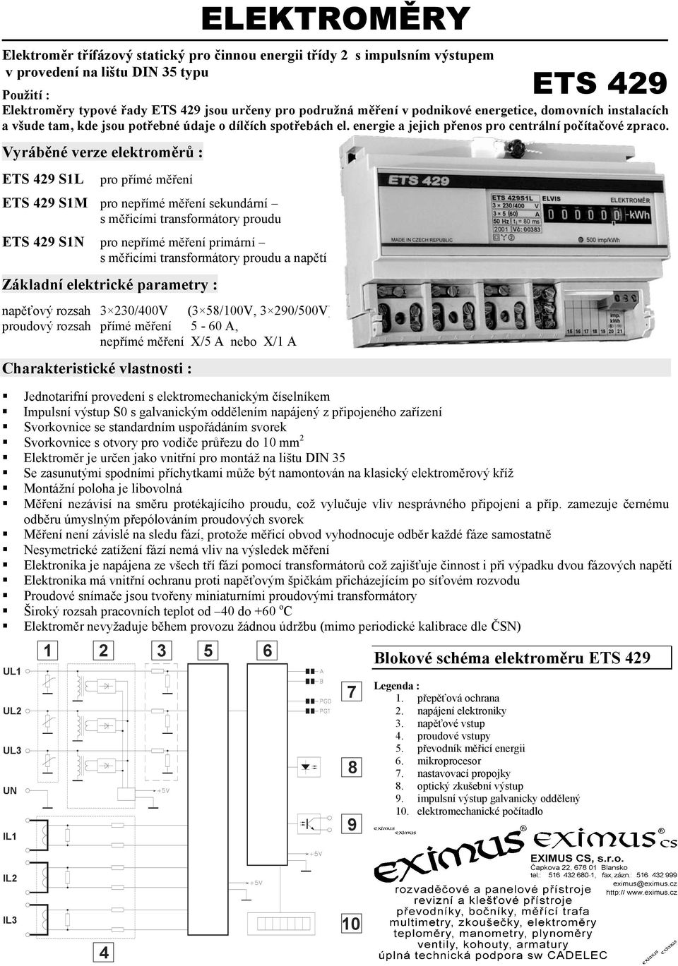 Vyráběné verze elektroměrů : ETS 429 S1L pro přímé měření ETS 429 S1M pro nepřímé měření sekundární s měřicími transformátory proudu ETS 429 S1N pro nepřímé měření primární s měřicími transformátory