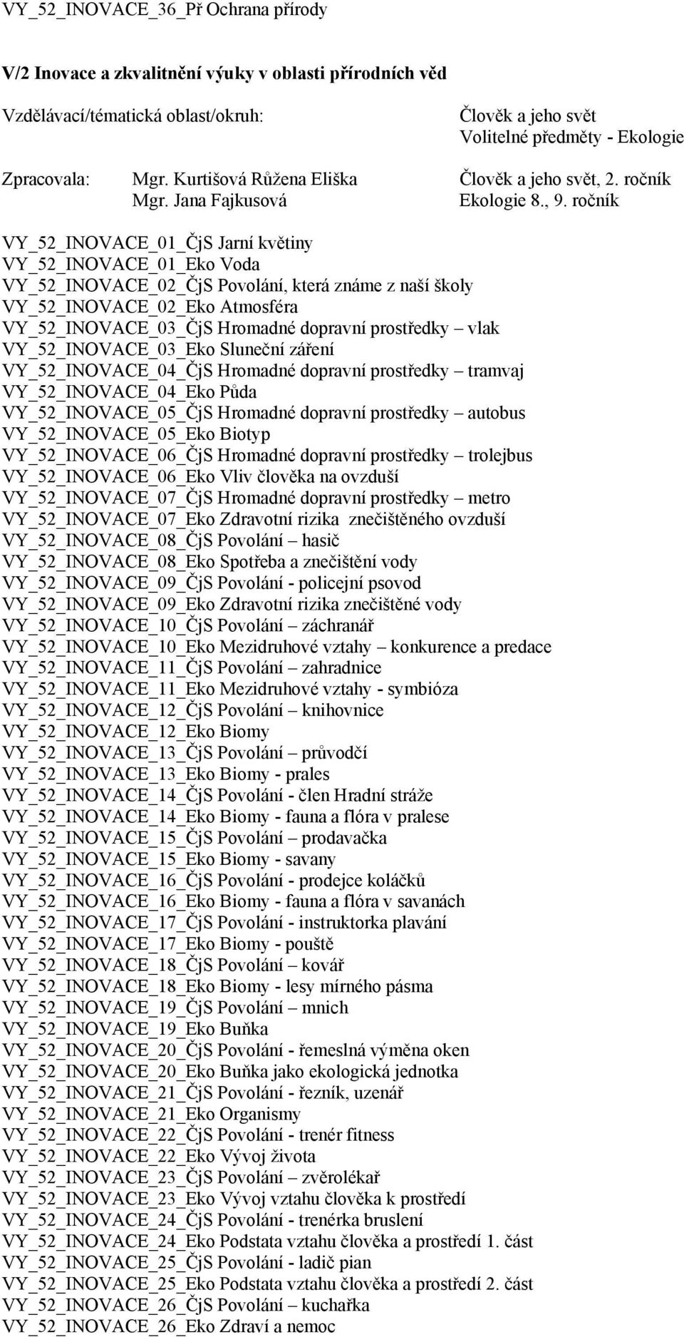 ročník VY_52_INOVACE_01_ČjS Jarní květiny VY_52_INOVACE_01_Eko Voda VY_52_INOVACE_02_ČjS Povolání, která známe z naší školy VY_52_INOVACE_02_Eko Atmosféra VY_52_INOVACE_03_ČjS Hromadné dopravní