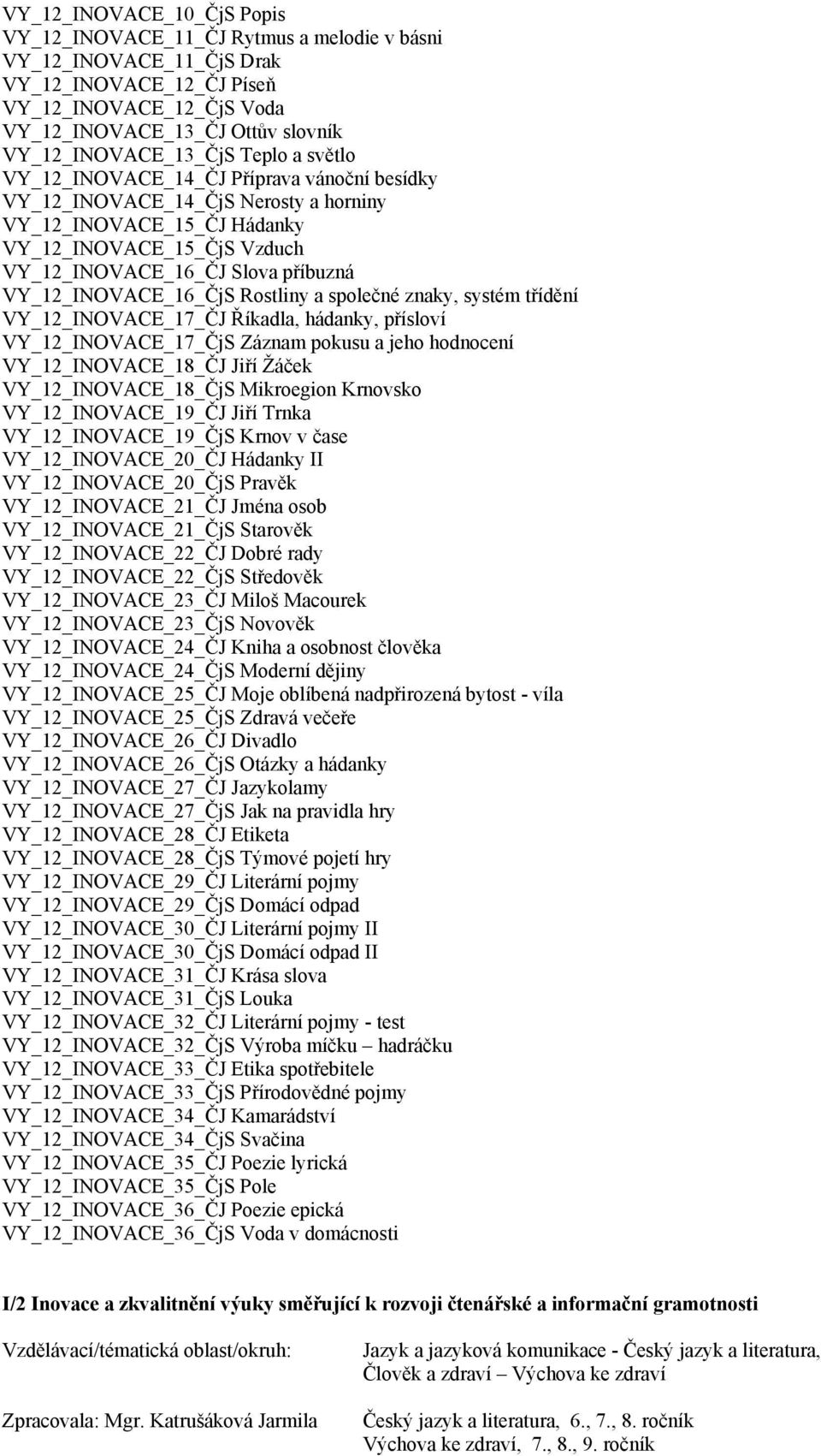 Slova příbuzná VY_12_INOVACE_16_ČjS Rostliny a společné znaky, systém třídění VY_12_INOVACE_17_ČJ Říkadla, hádanky, přísloví VY_12_INOVACE_17_ČjS Záznam pokusu a jeho hodnocení VY_12_INOVACE_18_ČJ