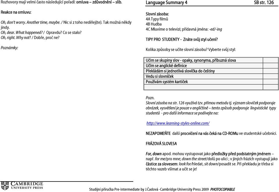 1261 Slovní zásoba: 4A Typy filmů 4B Hudba 4C Mluvíme o televizi; přídavná jména: -ed/-ing TIPY PRO STUDENTY - Znáte svůj styl učení? Kolika způsoby se učíte slovní zásobu?