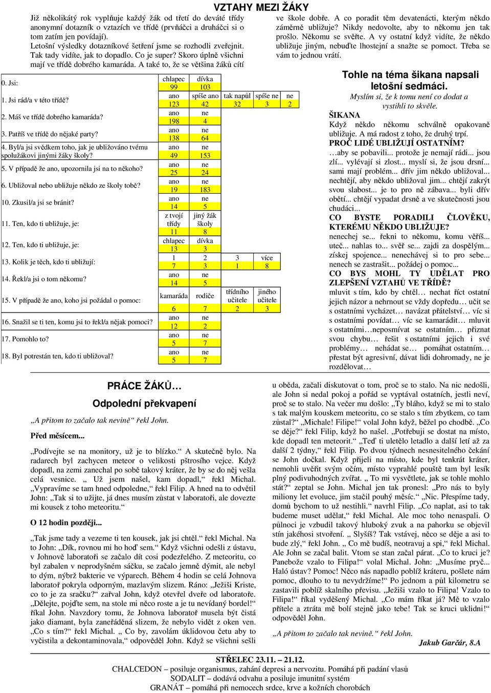 Jsi rád/a v této třídě? 2. Máš ve třídě dobrého kamaráda? 3. Patříš ve třídě do nějaké party? 4. Byl/a jsi svědkem toho, jak je ubližováno tvému spolužákovi jinými žáky školy? 5.