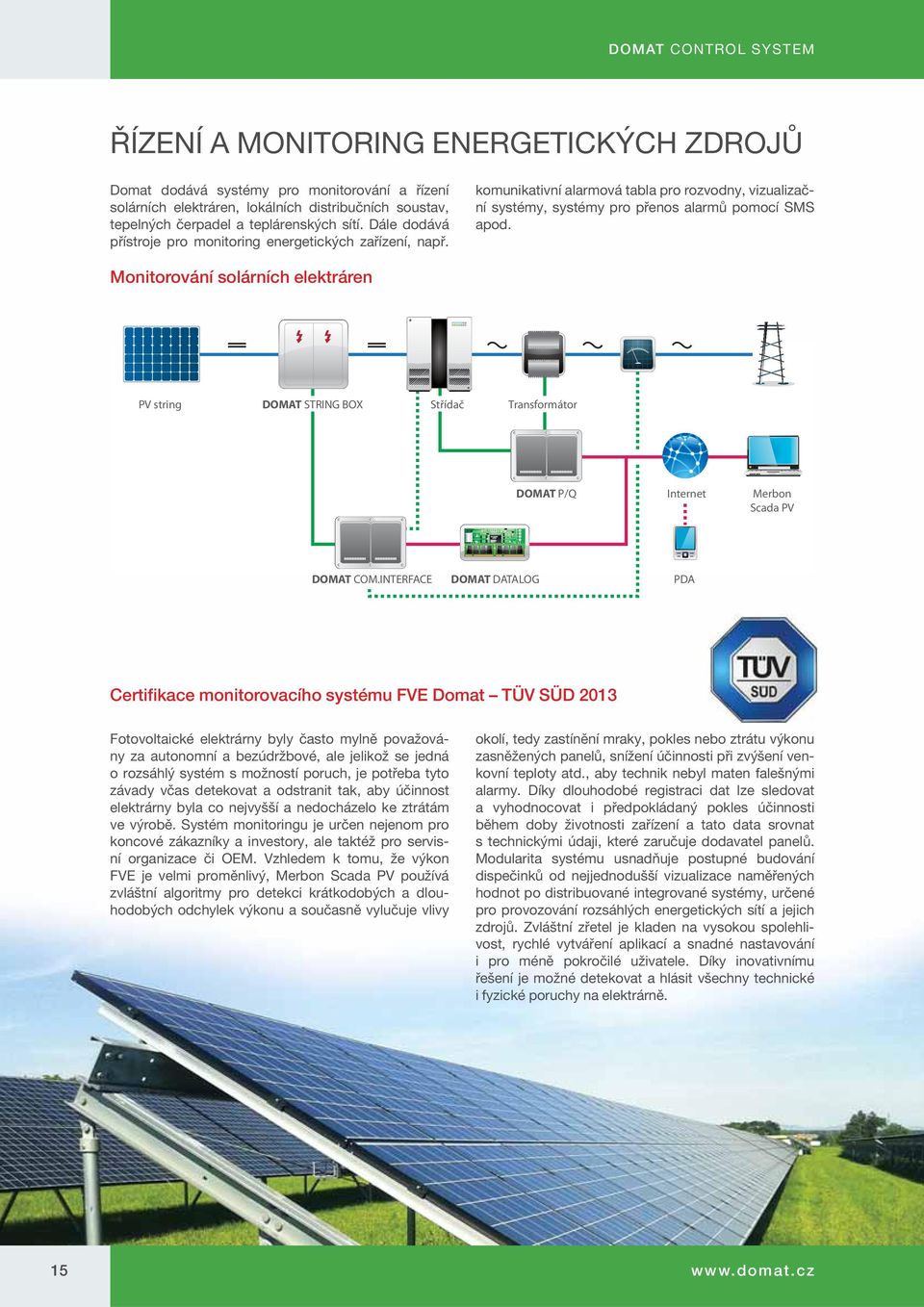 Monitorování solárních elektráren PV string DOMAT STRING BOX Střídač Transformátor DOMAT P/Q Internet Merbon Scada PV DOMAT COM.