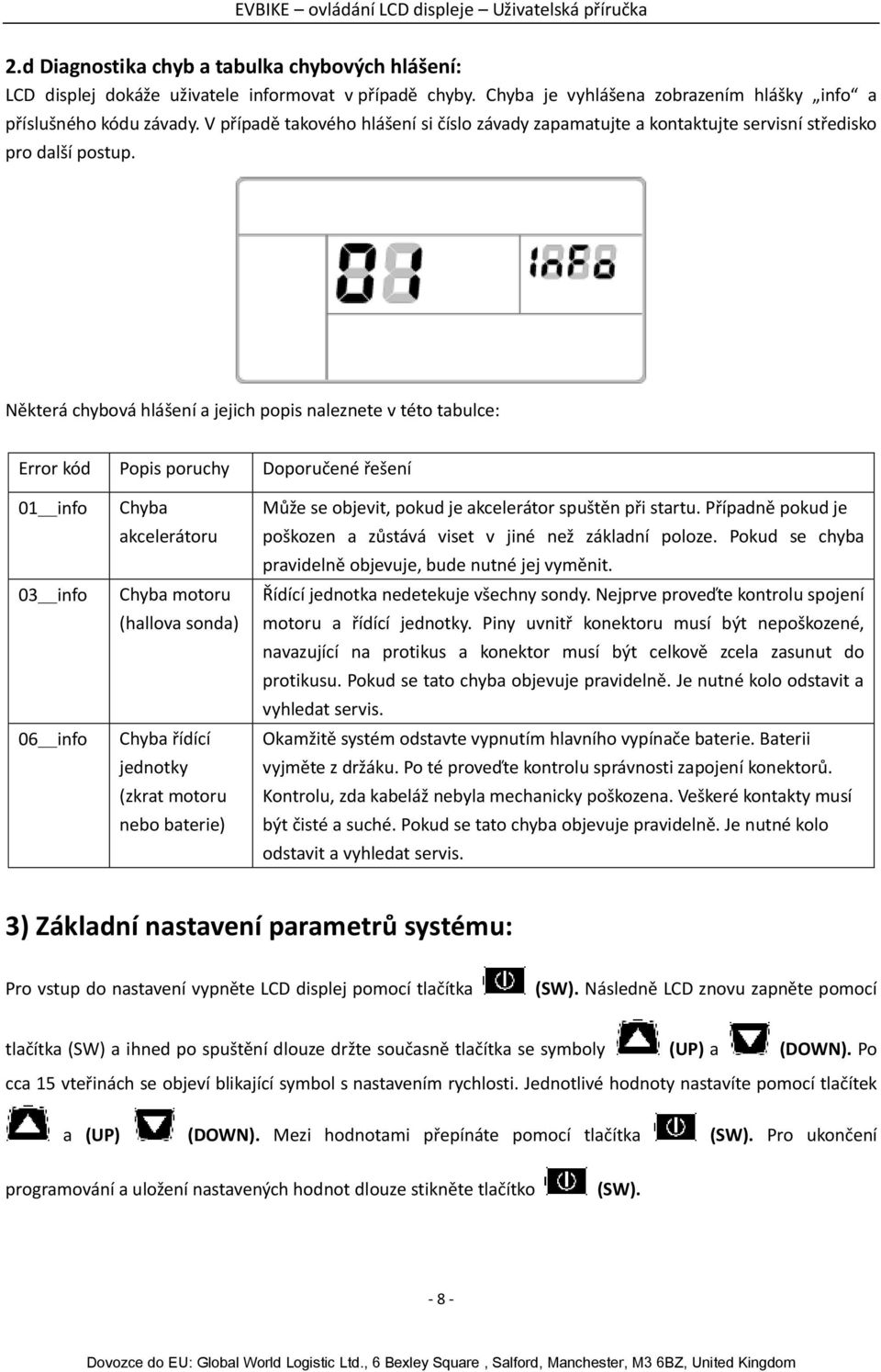 Některá chybová hlášení a jejich popis naleznete v této tabulce: Error kód Popis poruchy Doporučené řešení 01_info 03_info 06_info Chyba akcelerátoru Chyba motoru (hallova sonda) Chyba řídící