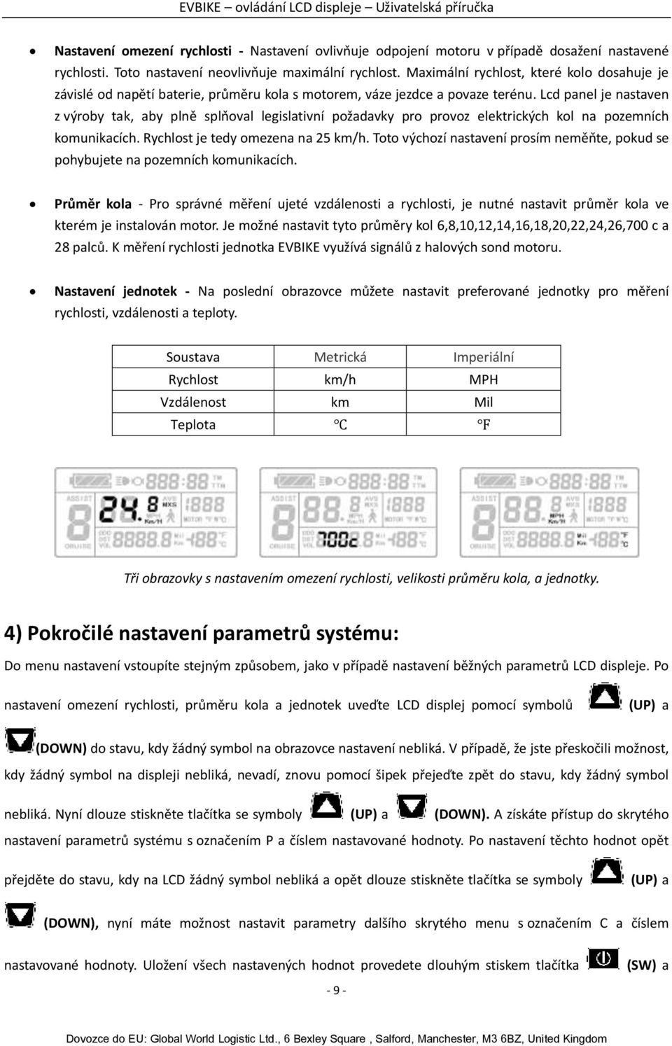 Lcd panel je nastaven z výroby tak, aby plně splňoval legislativní požadavky pro provoz elektrických kol na pozemních komunikacích. Rychlost je tedy omezena na 25 km/h.