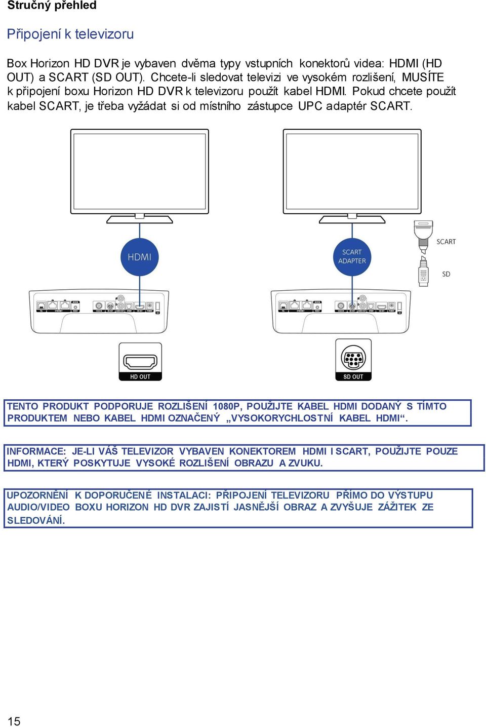 Pokud chcete použít kabel SCART, je třeba vyžádat si od místního zástupce UPC adaptér SCART.