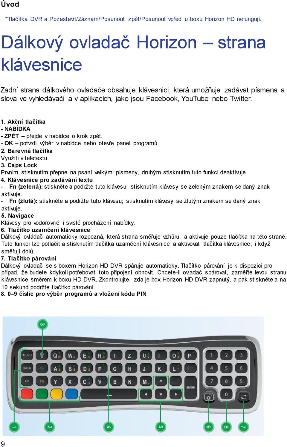 Twitter. 1. Akční tlačítka - NABÍDKA - ZPĚT přejde v nabídce o krok zpět. - OK potvrdí výběr v nabídce nebo otevře panel programů. 2. Barevná tlačítka Využití v teletextu 3.