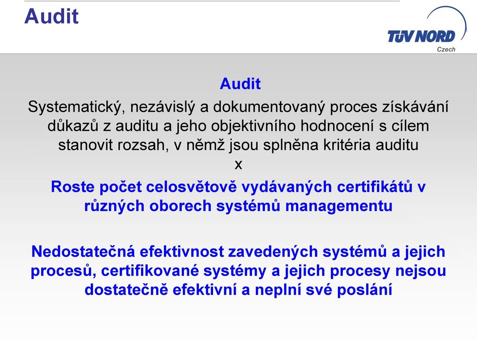 celosvětově vydávaných certifikátů v různých oborech systémů managementu Nedostatečná efektivnost