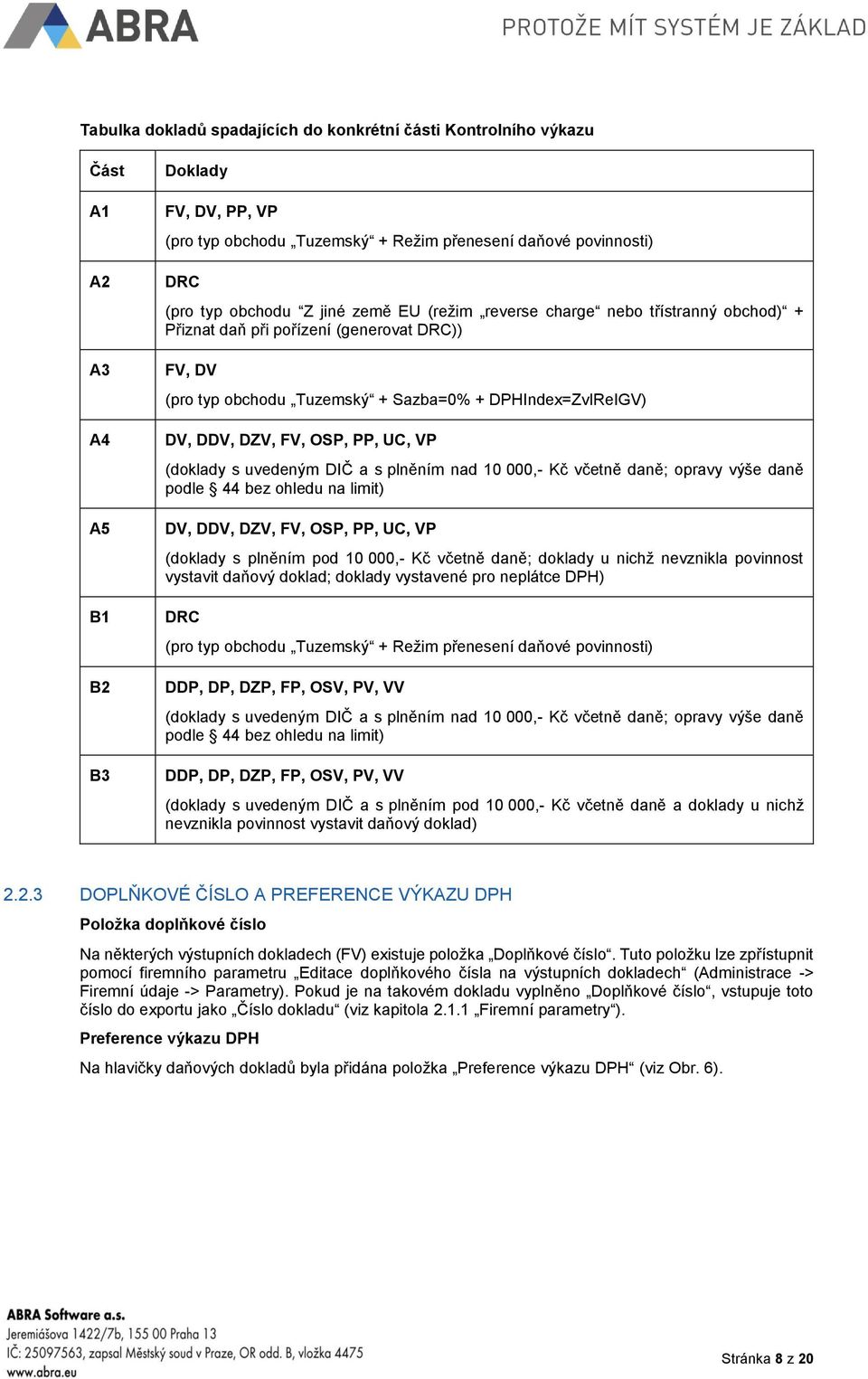 OSP, PP, UC, VP (doklady s uvedeným DIČ a s plněním nad 10 000,- Kč včetně daně; opravy výše daně podle 44 bez ohledu na limit) DV, DDV, DZV, FV, OSP, PP, UC, VP (doklady s plněním pod 10 000,- Kč