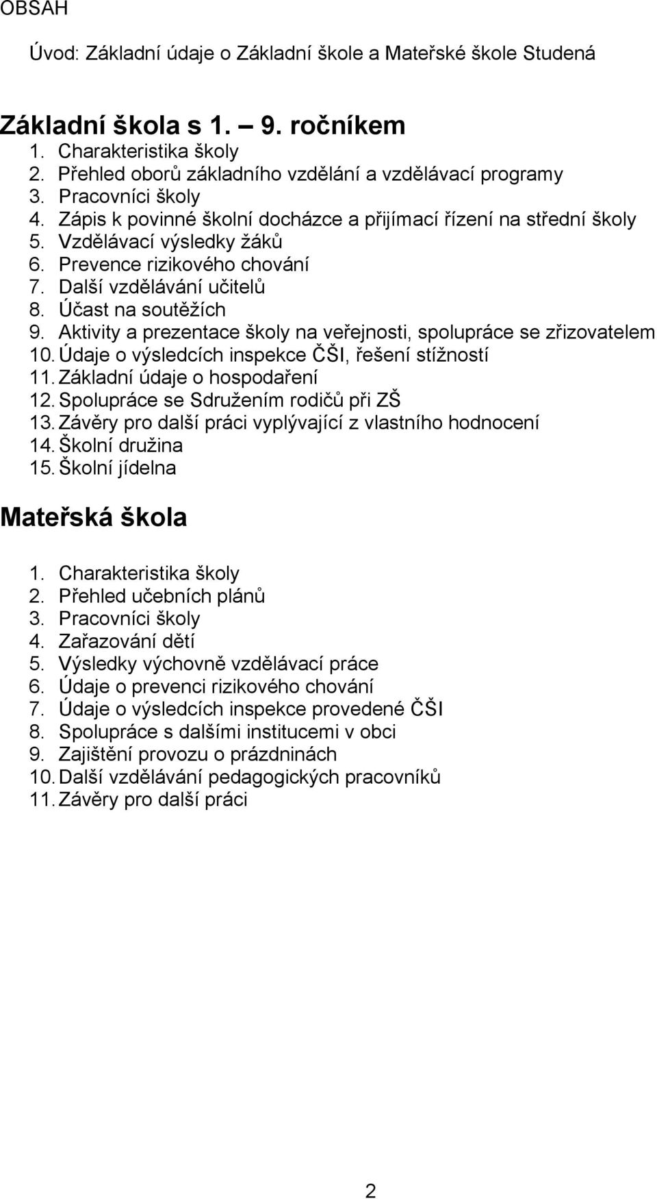 Aktivity a prezentace školy na veřejnosti, spolupráce se zřizovatelem 10. Údaje o výsledcích inspekce ČŠI, řešení stížností 11. Základní údaje o hospodaření 12.